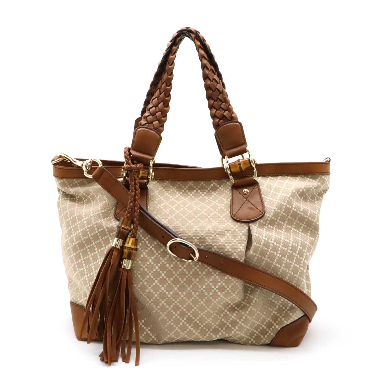 Gucci Diamante Bamboo 2way Tote Bag 282340 Rose Beige/Brown Canvas/Leather