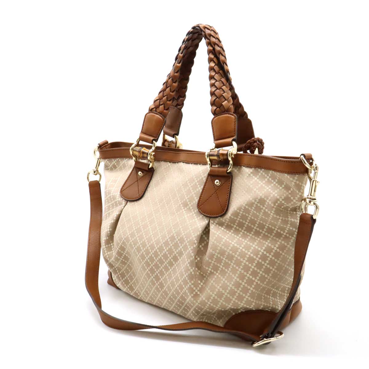 Gucci Diamante Bamboo 2way Tote Bag 282340 Rose Beige/Brown Canvas/Leather