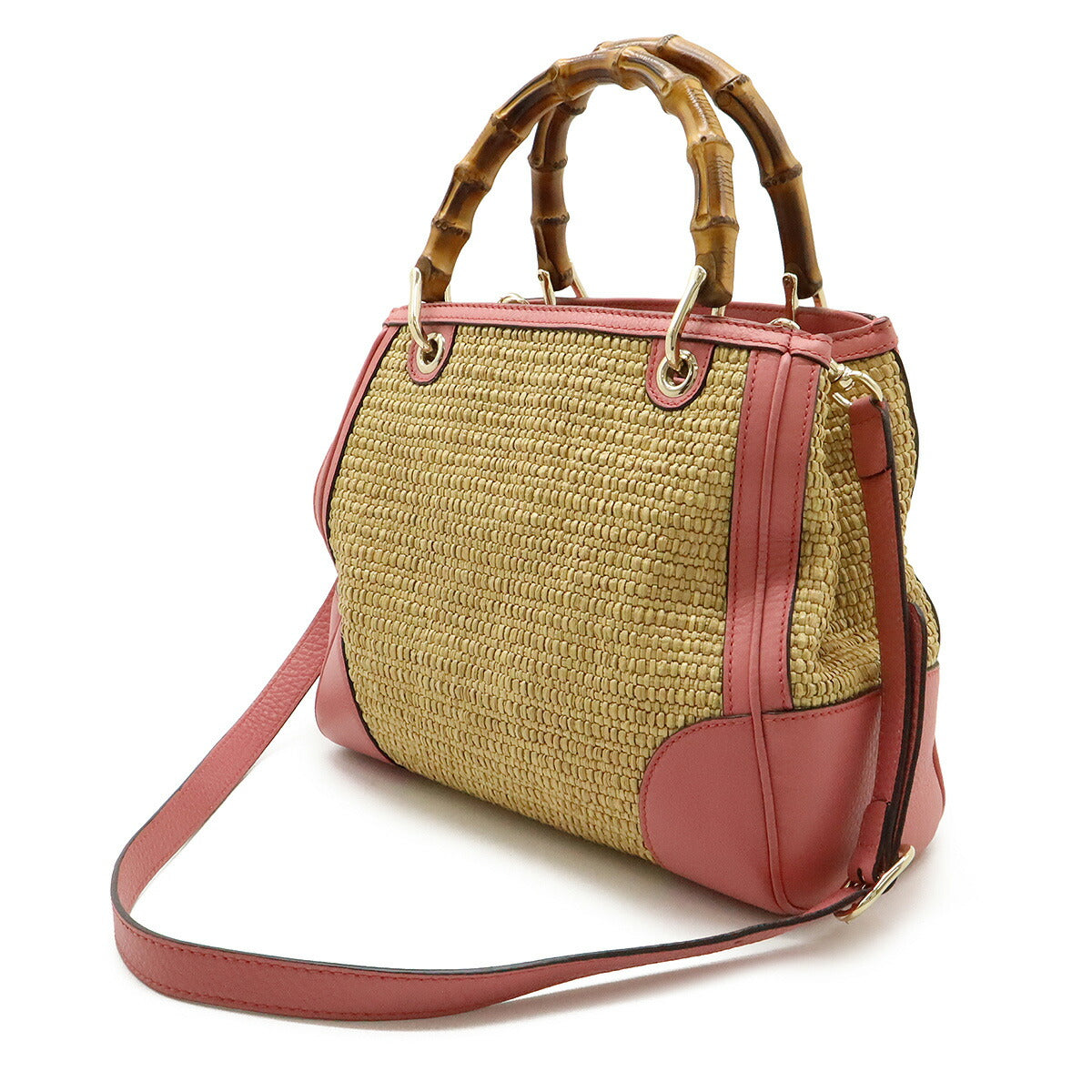 Gucci Bamboo Small Shopper Straw Leather 2way Handbag