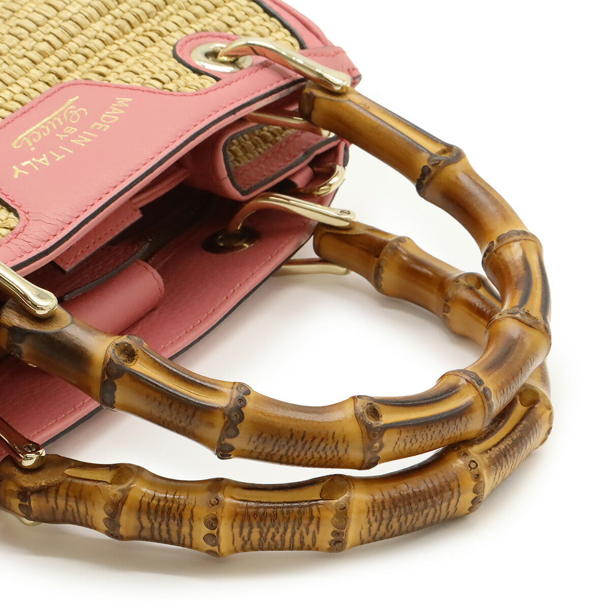 Gucci Bamboo Small Shopper Straw Leather 2way Handbag