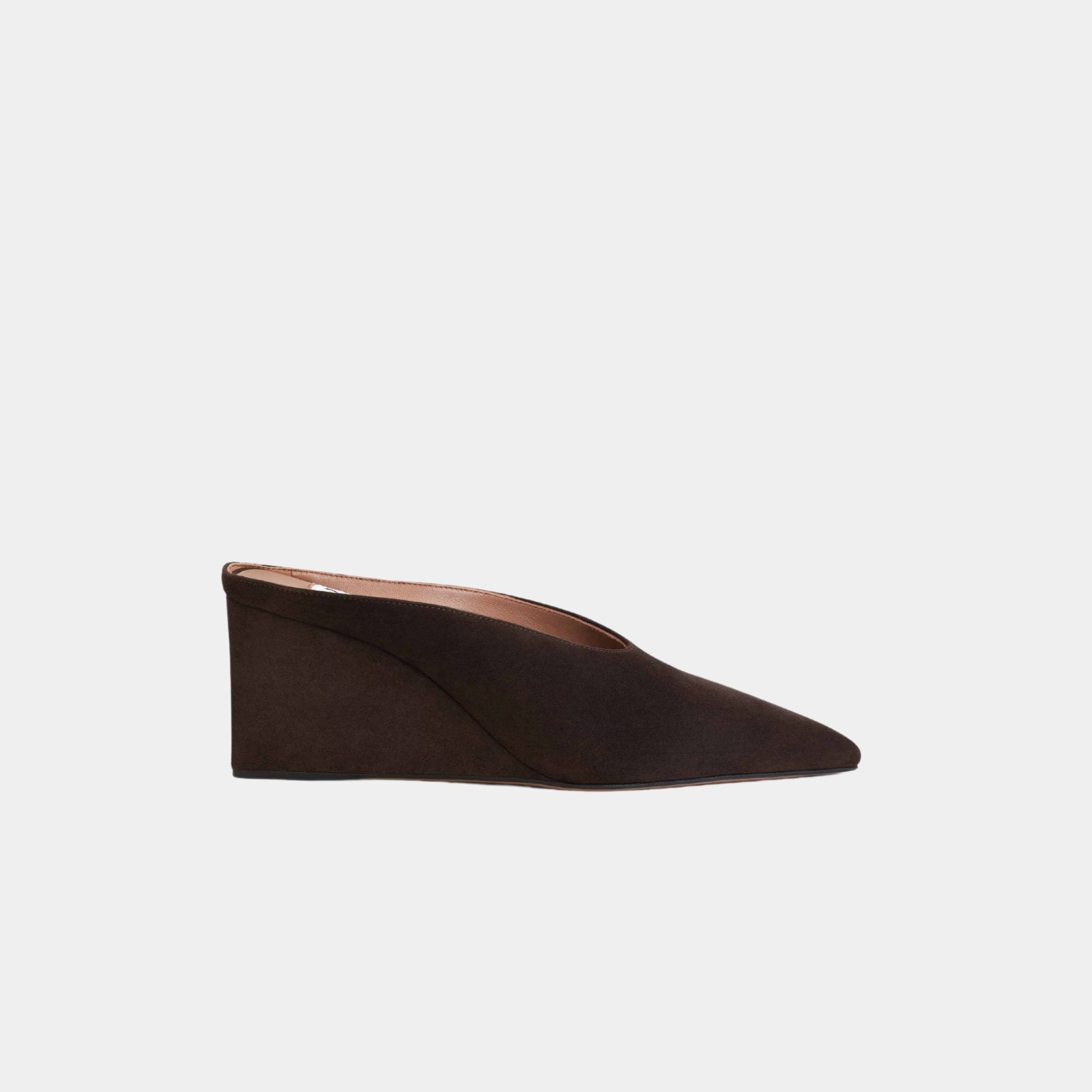 Alaia Cube Wedge Mules In Suede Goatskin, Dark Brown, Side