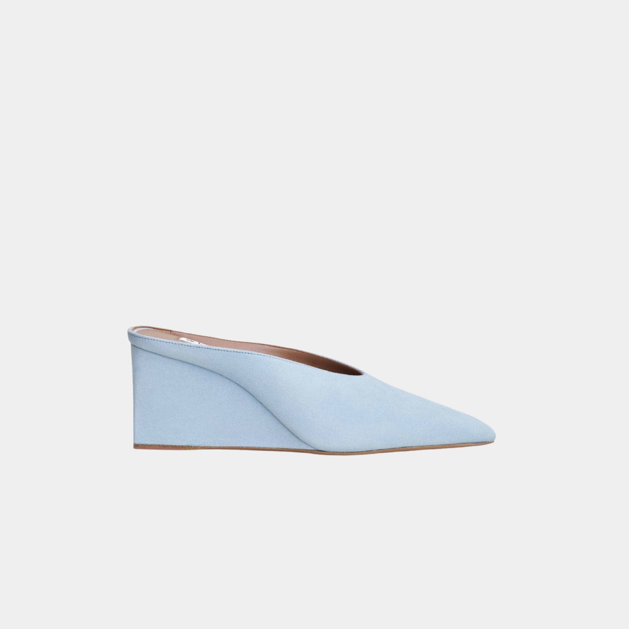 Alaia Cube Wedge Mules In Suede Goatskin, Light Blue, Side