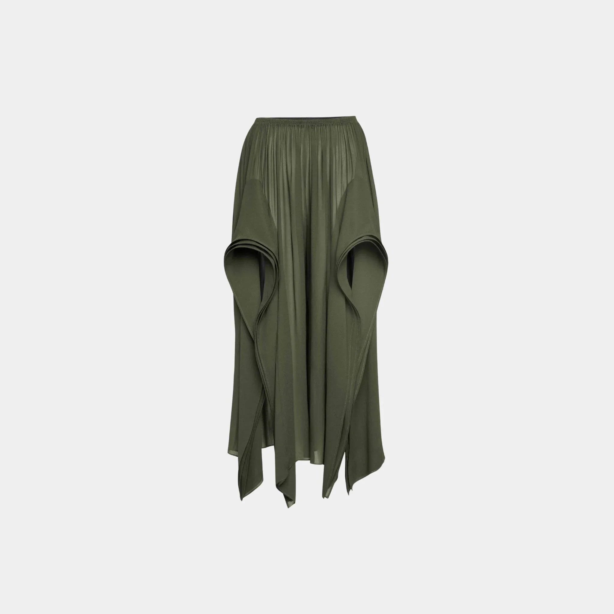 Alaia Georgette Ruffle Pants, Dark Green, Front