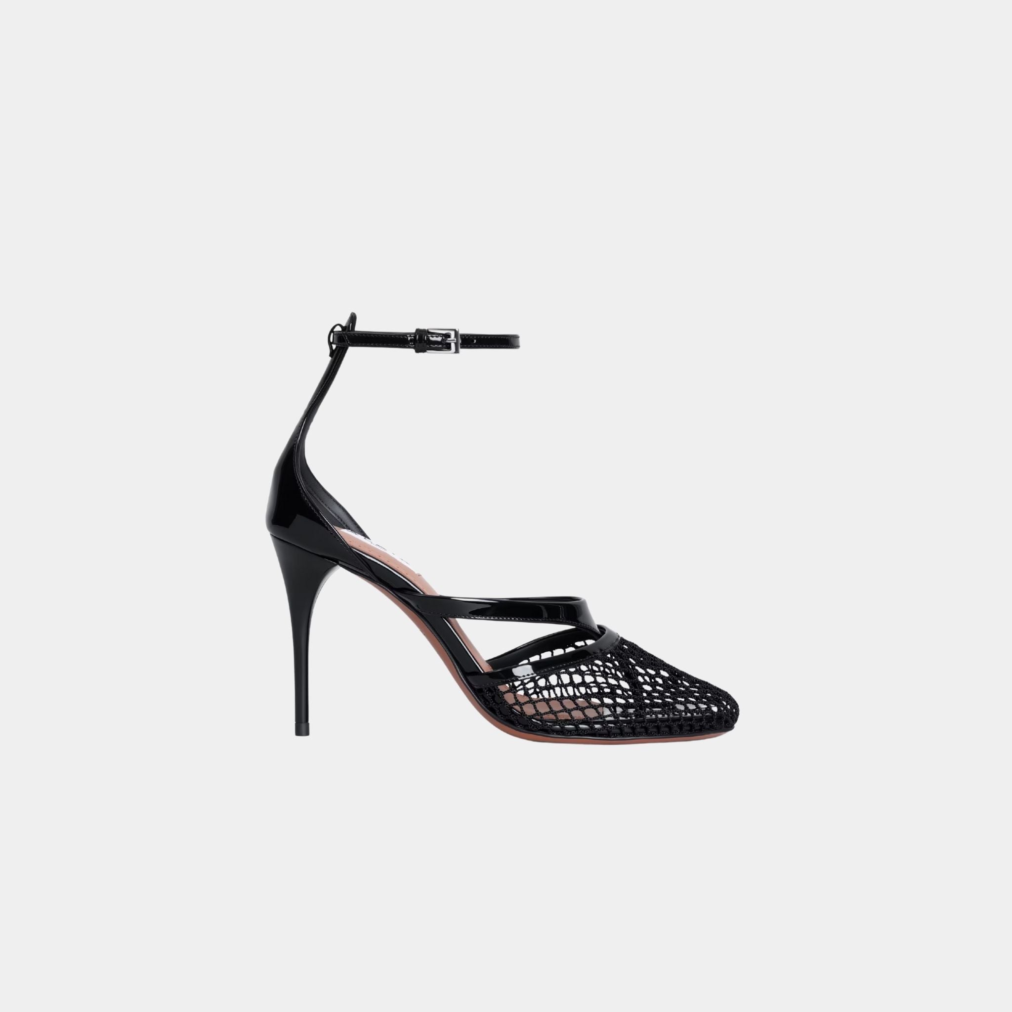 Alaia Infradito Sandals In Fishnet And Patent Leather, Black, Side