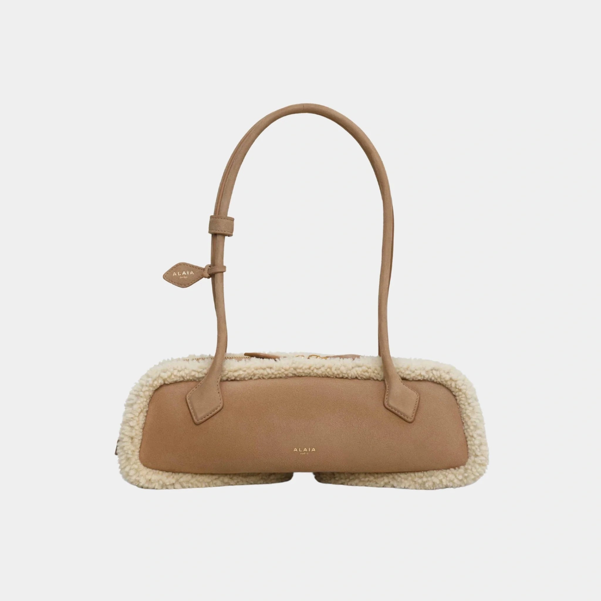 Alaia Le Dachshund Medium Shearling Bag, Camel, Front