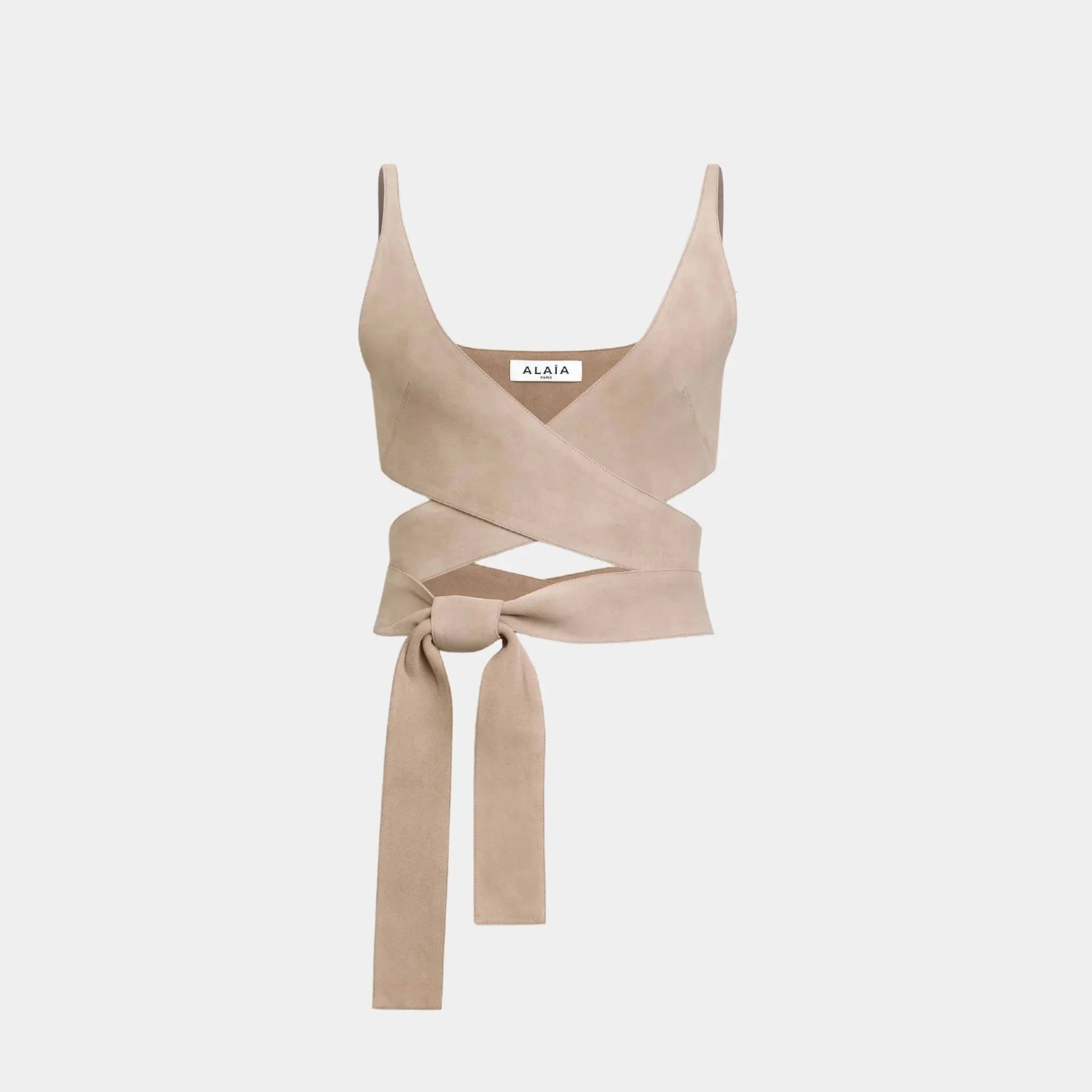 Alaia Leather Criss Cross Top, Beige, Front