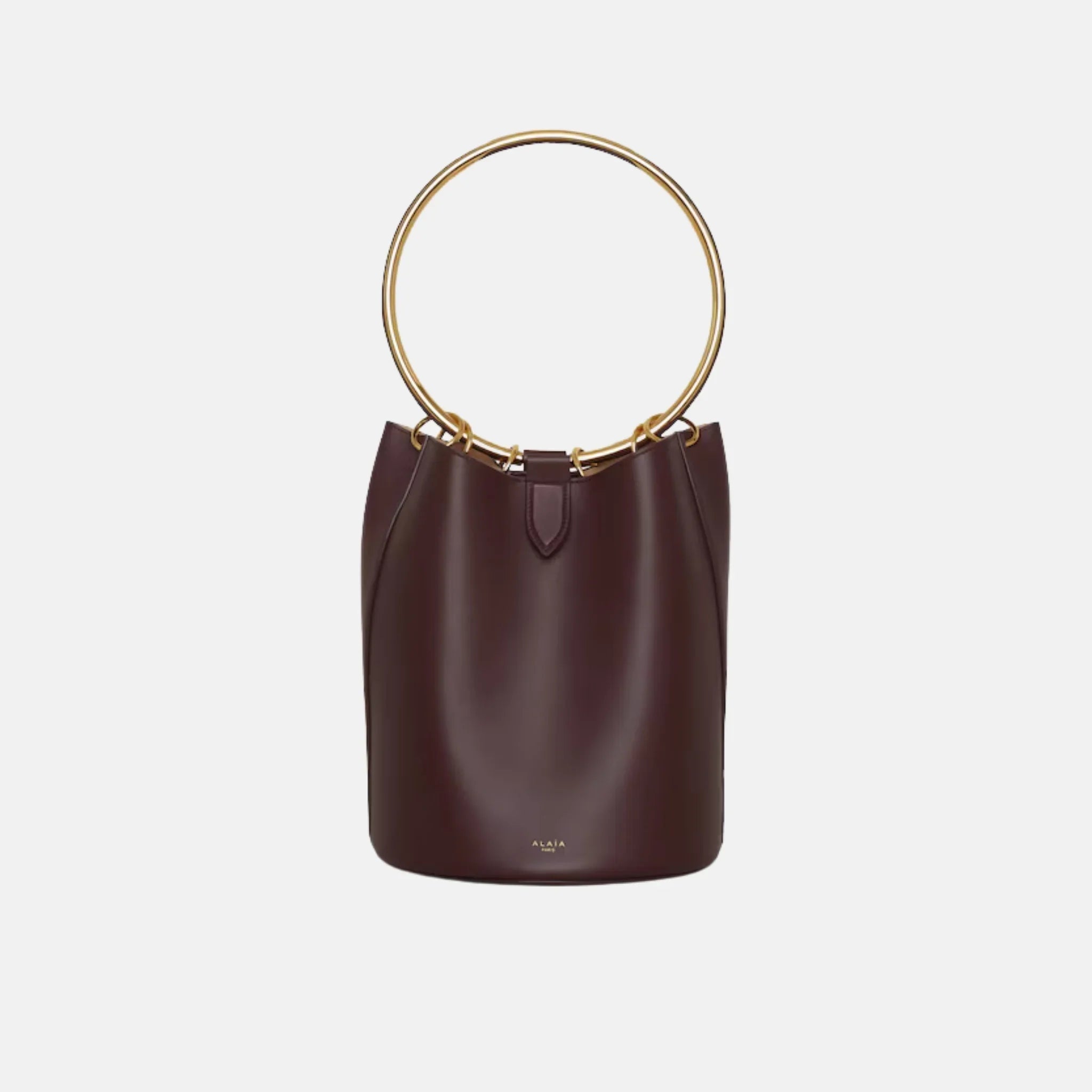 Alaia Ring Large Bucket Bag In Calfskin, Chocolate, Front
