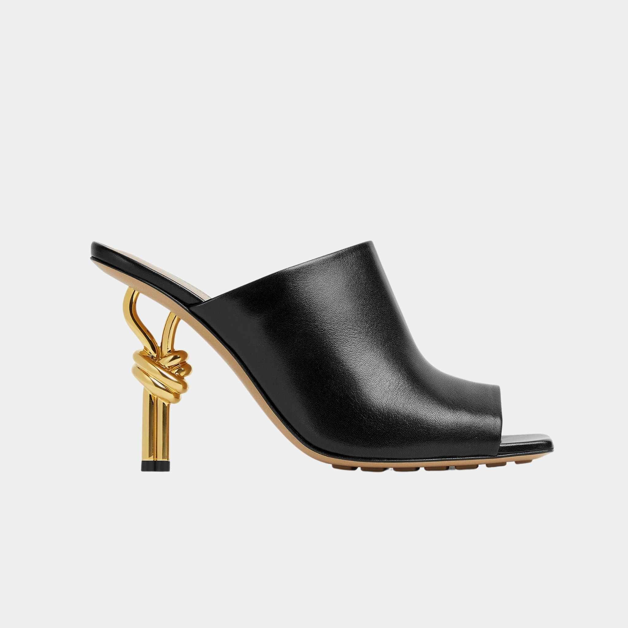 Bottega Veneta Knot High-Heel Mule Lambskin Gold Metal Knot Heel, Black, Side