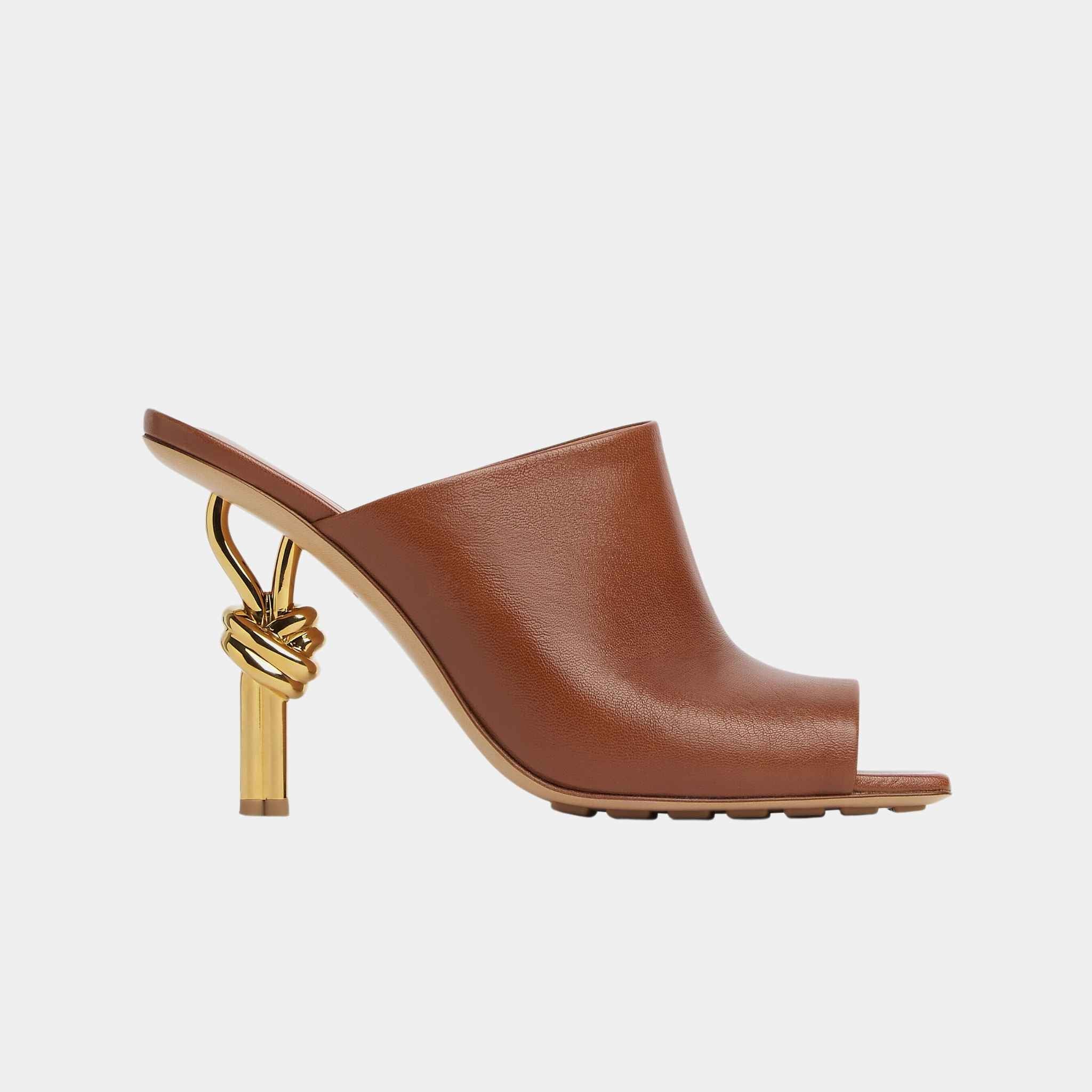 Bottega Veneta Knot High-Heel Mule Lambskin Gold Metal Knot Heel, Brown Sugar, Side
