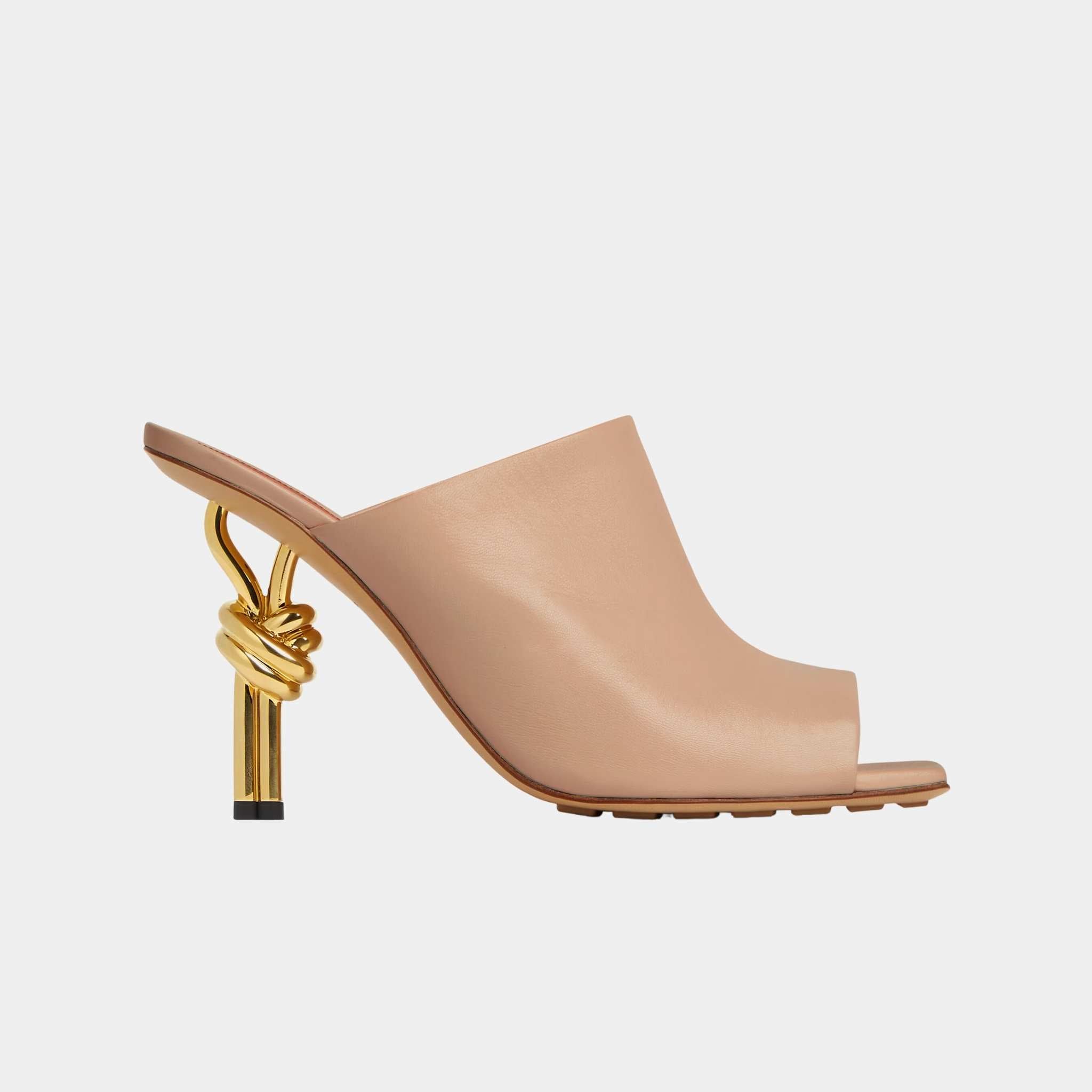 Bottega Veneta Knot High-Heel Mule Lambskin Gold Metal Knot Heel, Cipria, Side