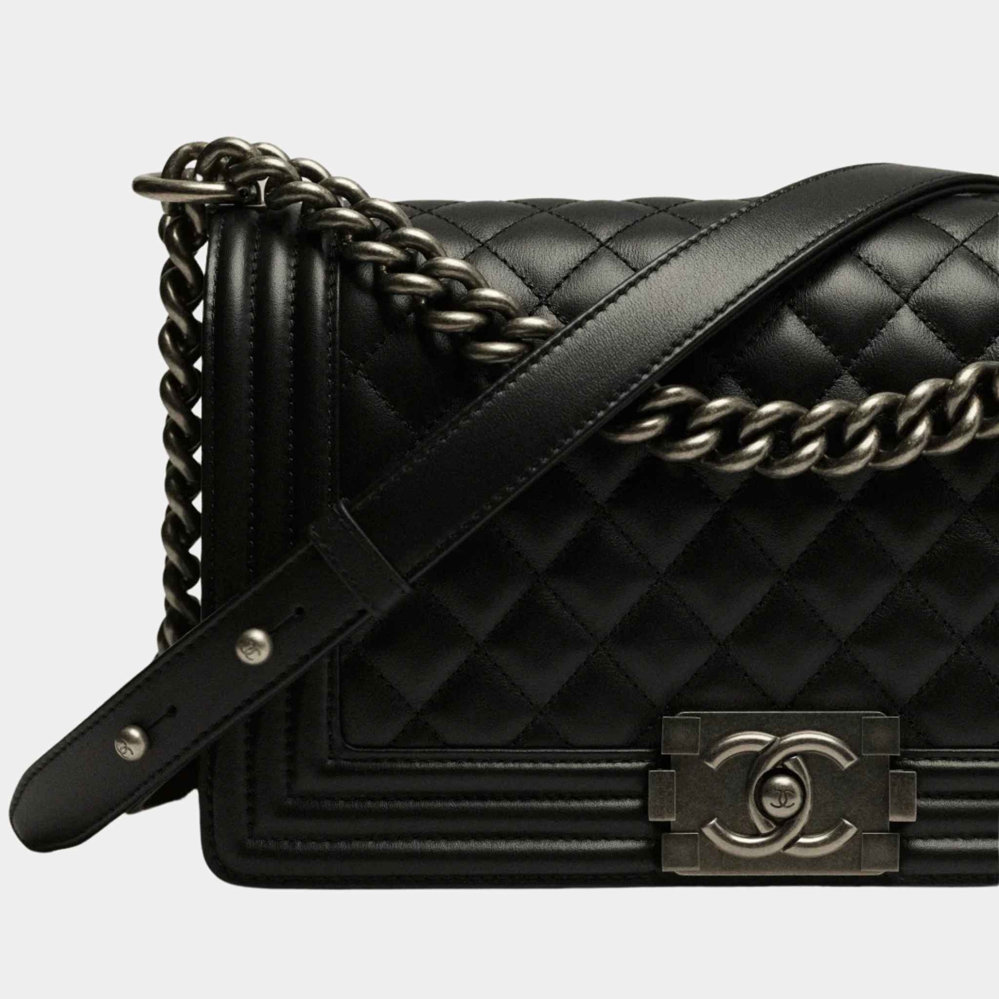 BOY CHANEL Handbag Calfskin Ruthenium-Finish Metal Black