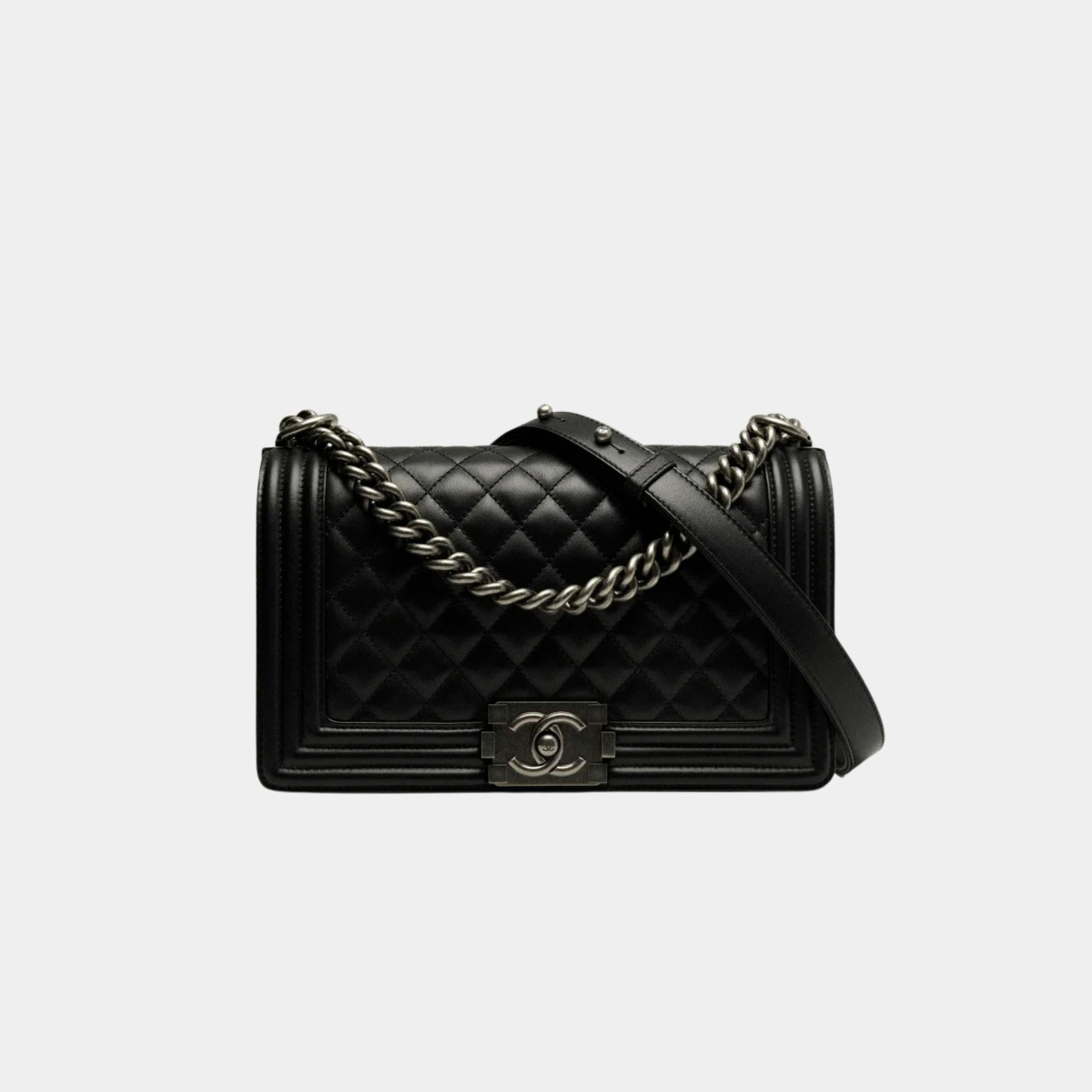 BOY CHANEL Handbag Calfskin Ruthenium-Finish Metal Black