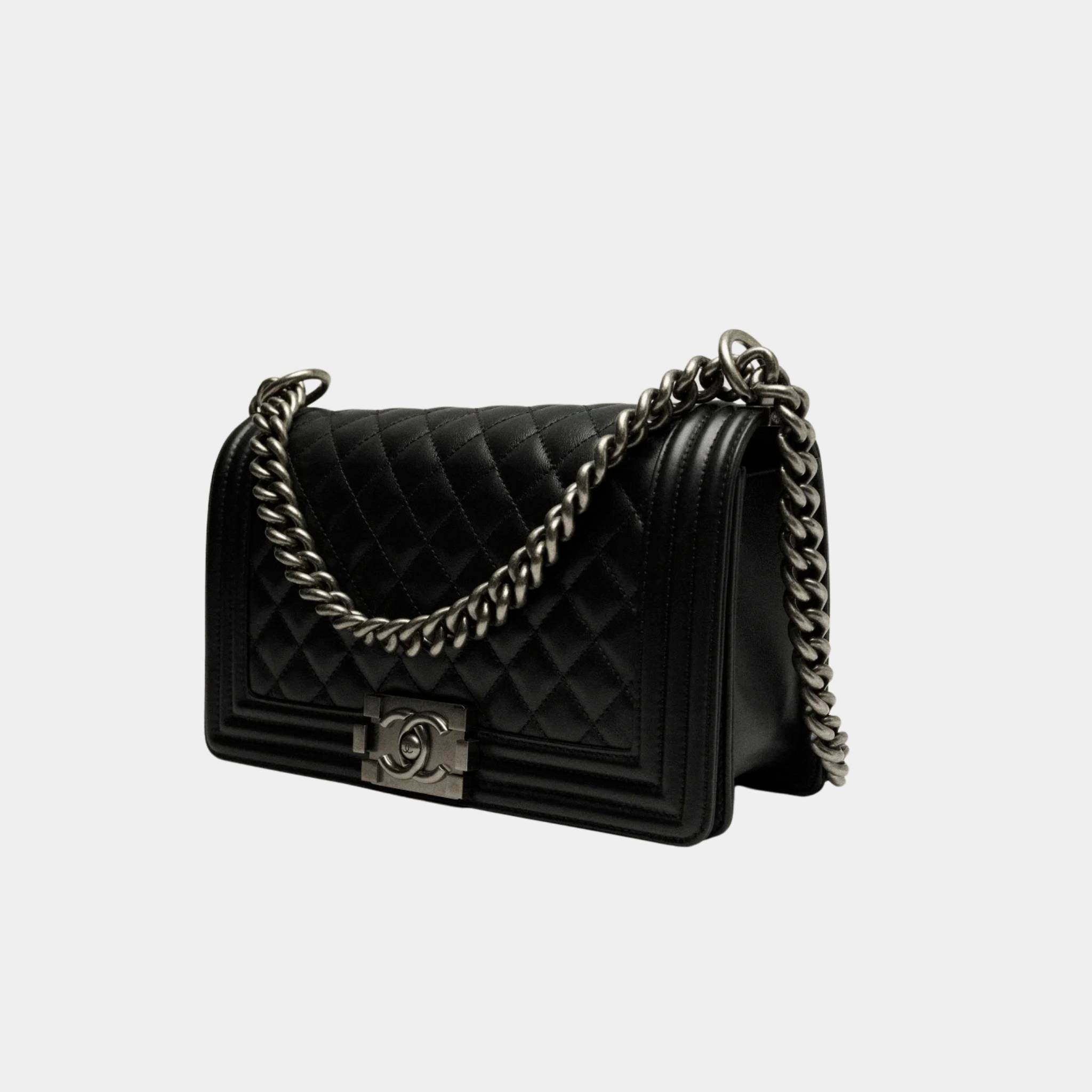 BOY CHANEL Handbag Calfskin Ruthenium-Finish Metal Black