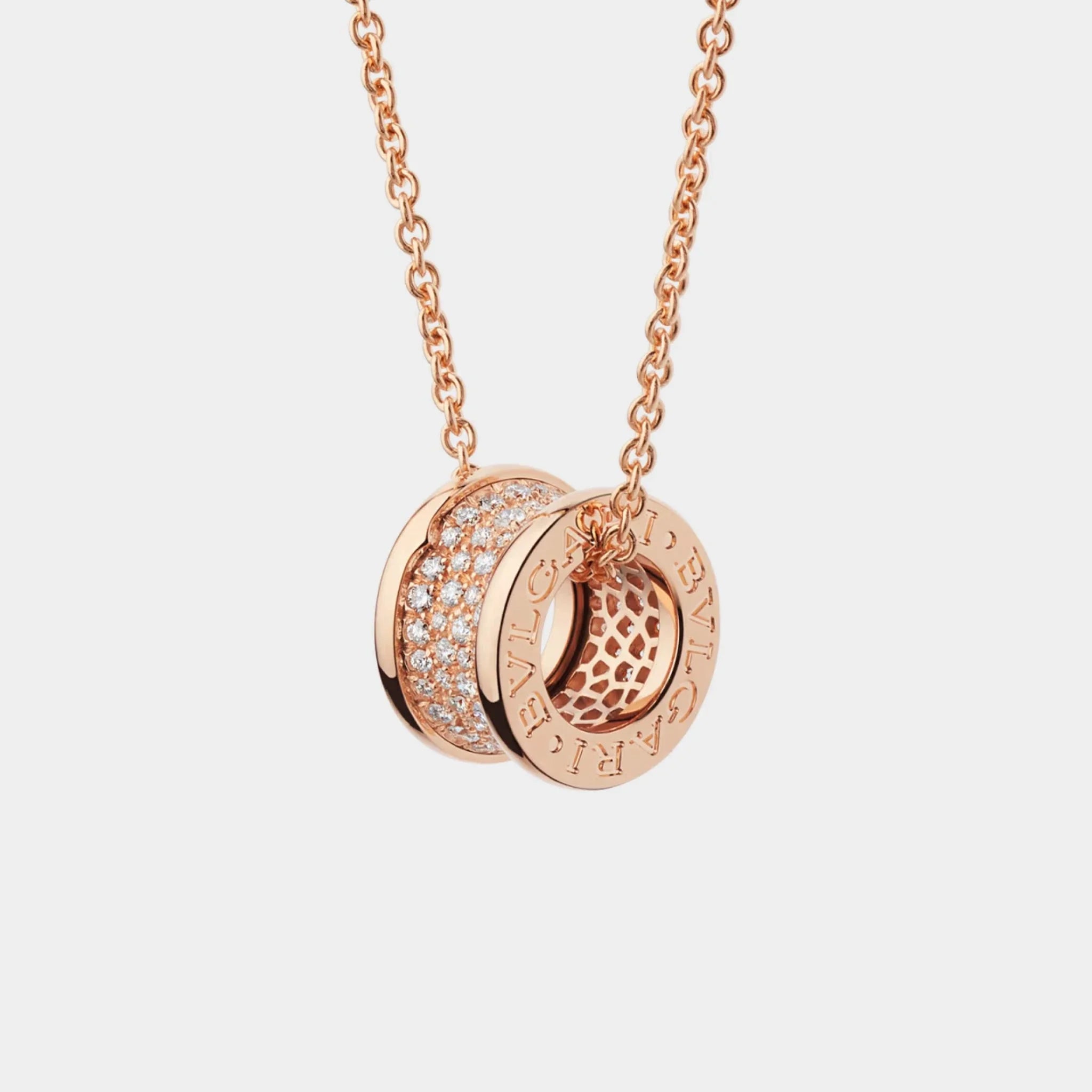 Bvlgari B.zero1 Gold Pendant Necklace-Pavé Diamonds set on spiral, Rose Gold, Front