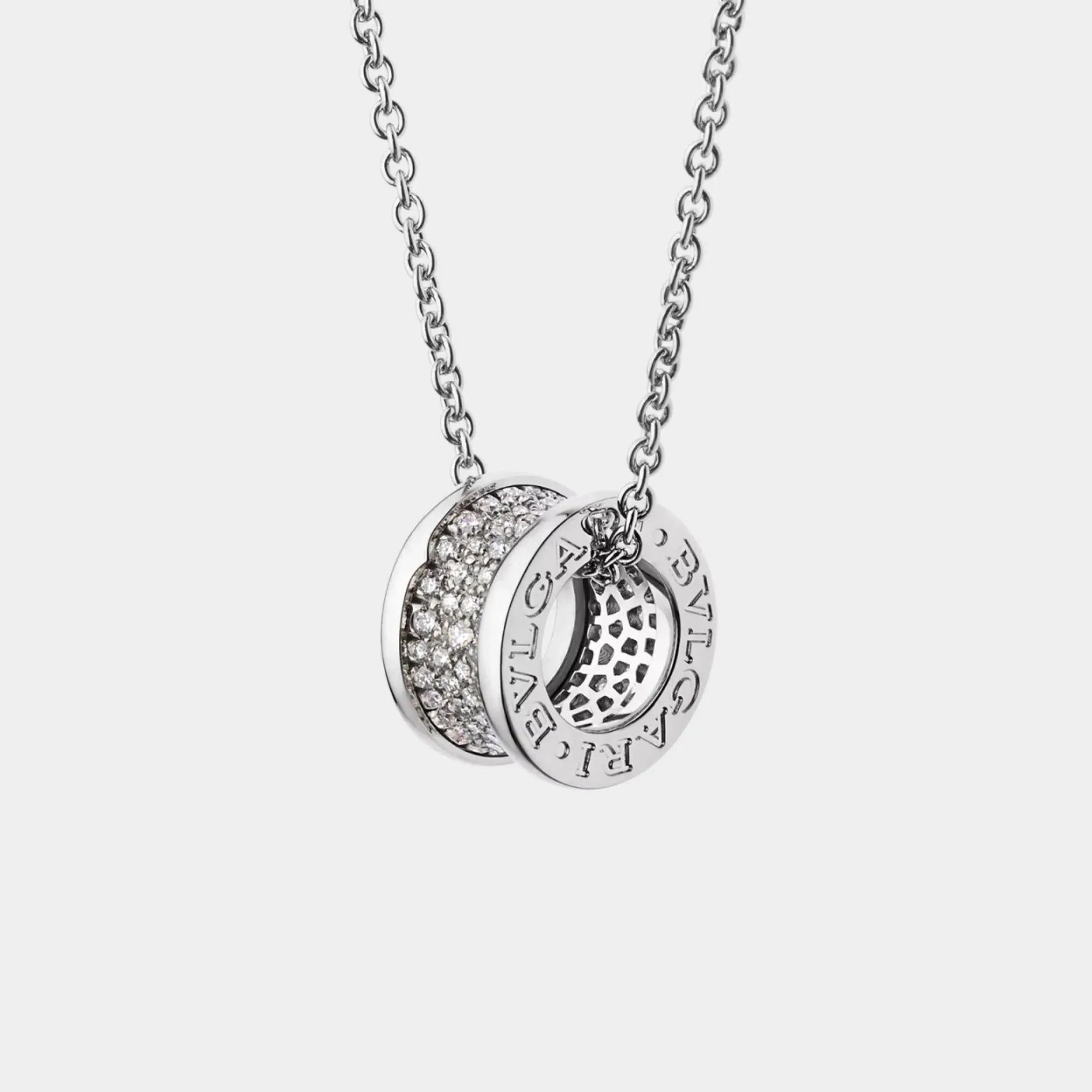 Bvlgari B.zero1 Gold Pendant Necklace-Pavé Diamonds set on spiral, White Gold, Front