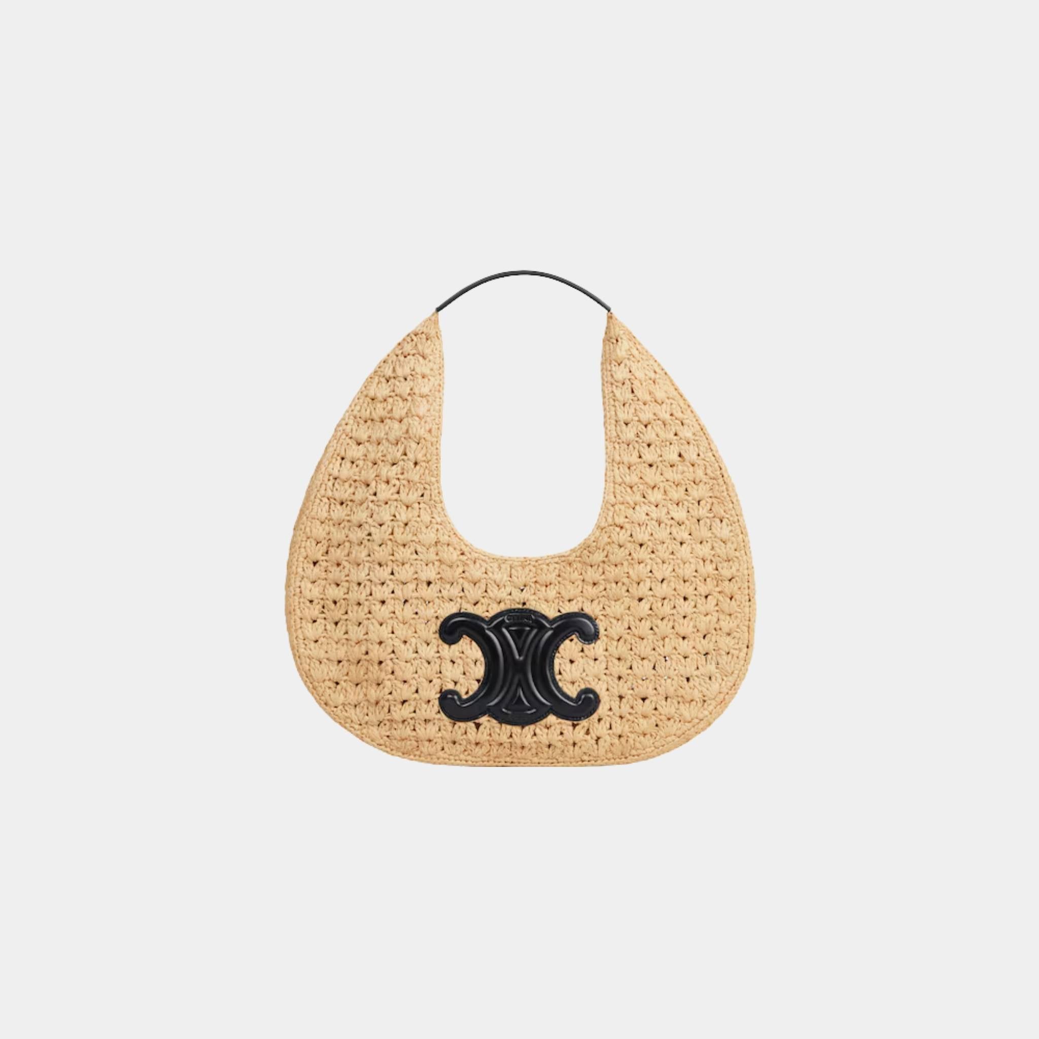 Celine Classic Panier Hobo Bag in Raffia and Calfskin, Naturel, Noir, Front