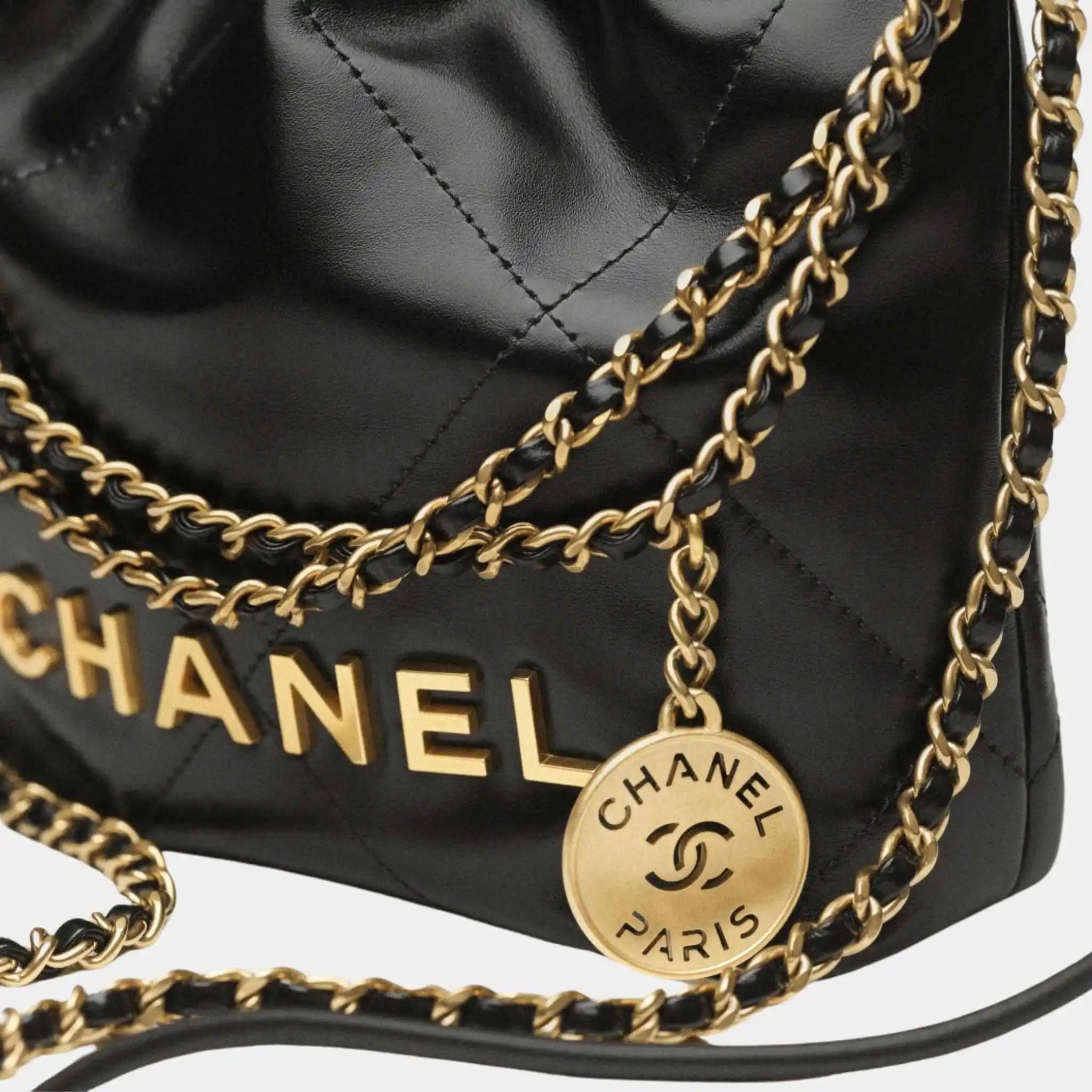 CHANEL 22 Handbag Shiny Calfskin Gold Tone Metal Black