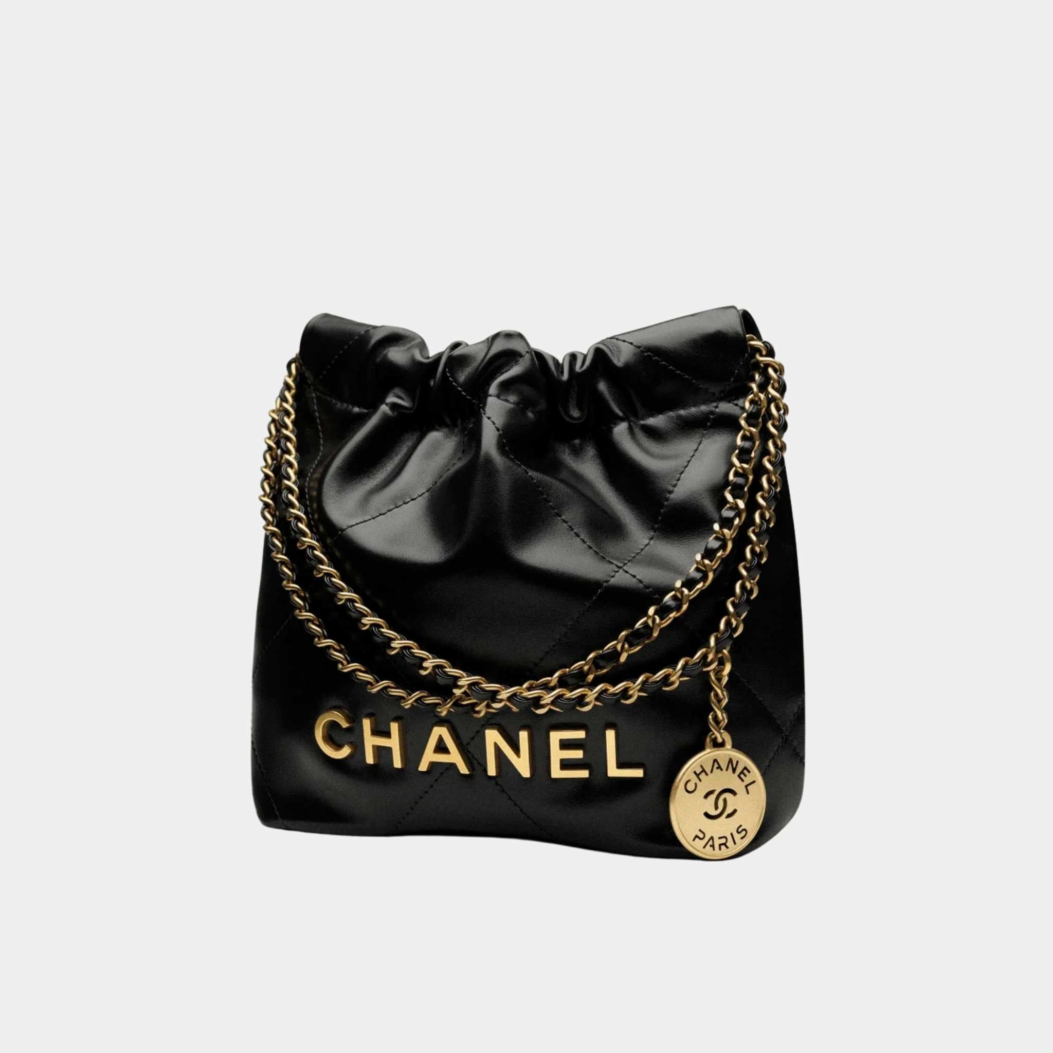 CHANEL 22 Handbag Shiny Calfskin Gold Tone Metal Black