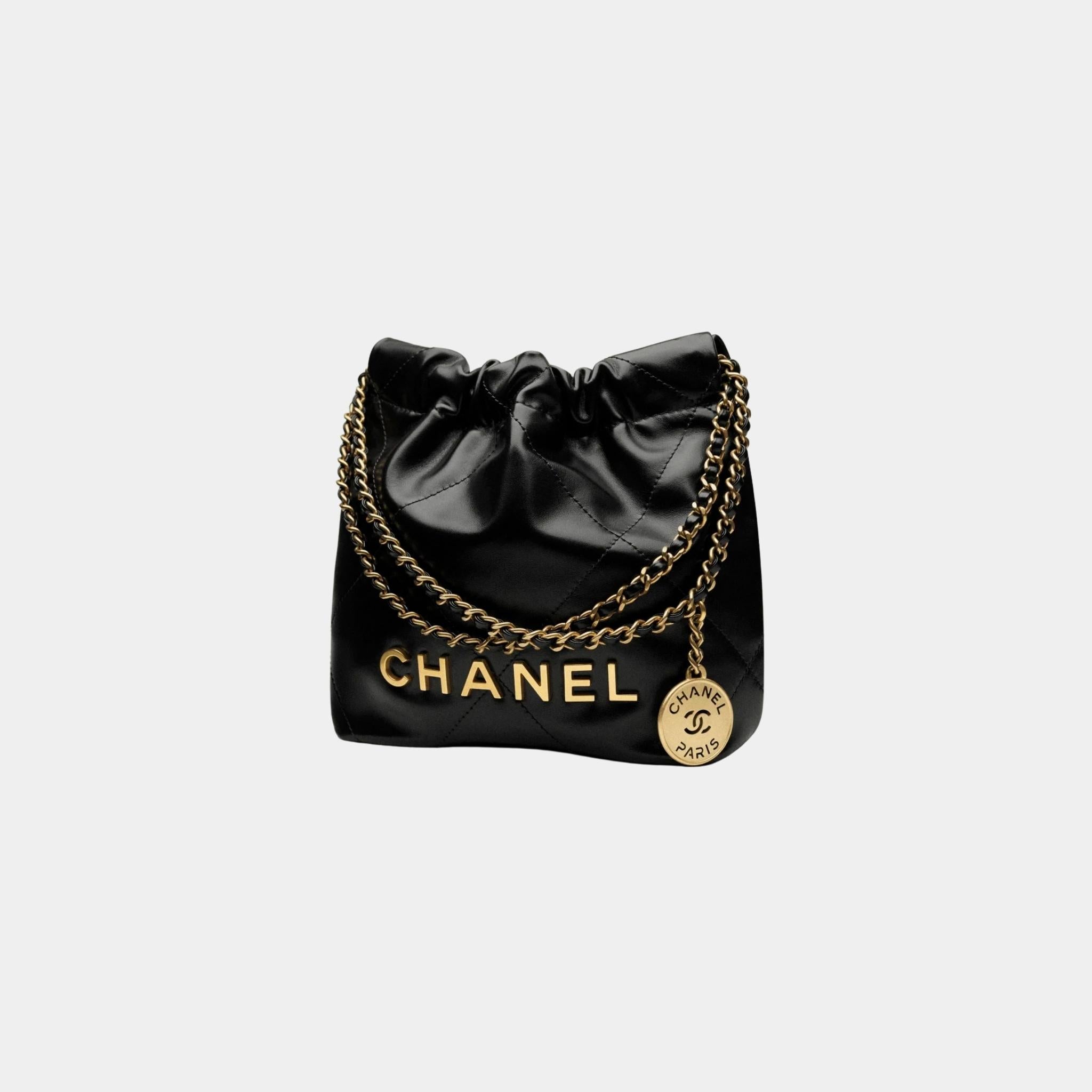 CHANEL 22 Mini Handbag Shiny Calfskin Gold Tone Metal Black