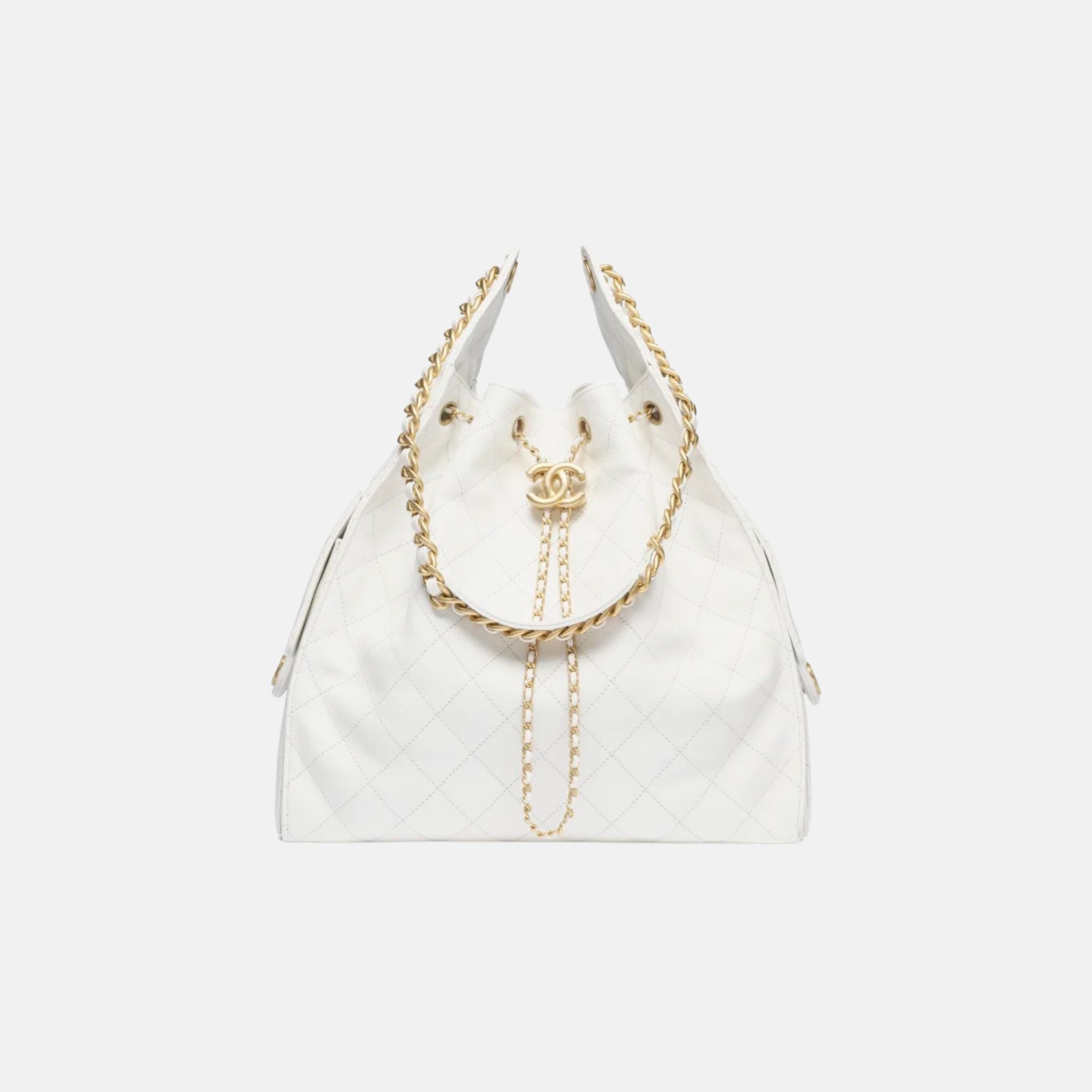 Chanel 25 Medium Handbag Grained Calfskin And Gold-Tone Metal, White, Front View