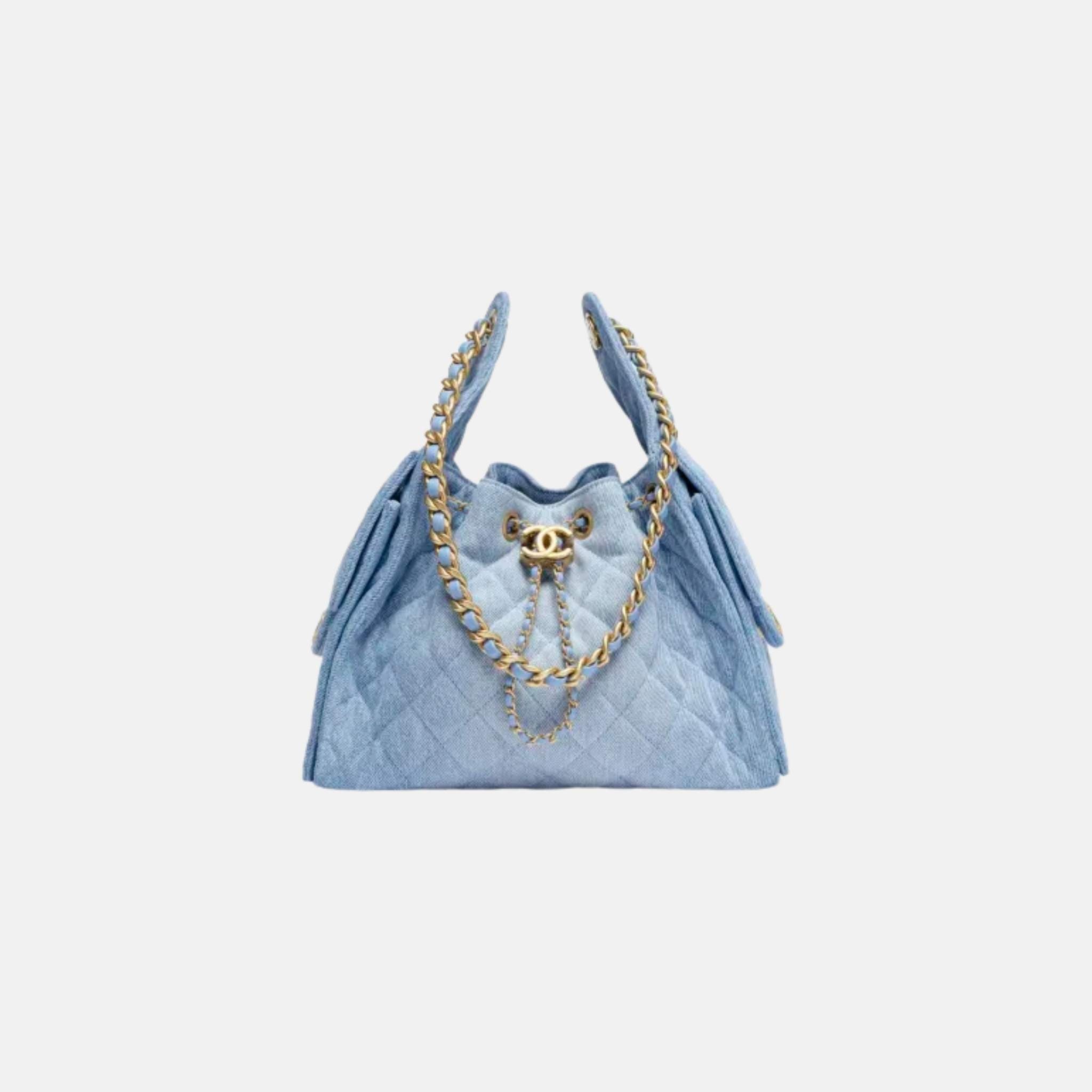 Chanel 25 Small Handbag Washed Denim And Gold-Tone Metal, Denim, Front