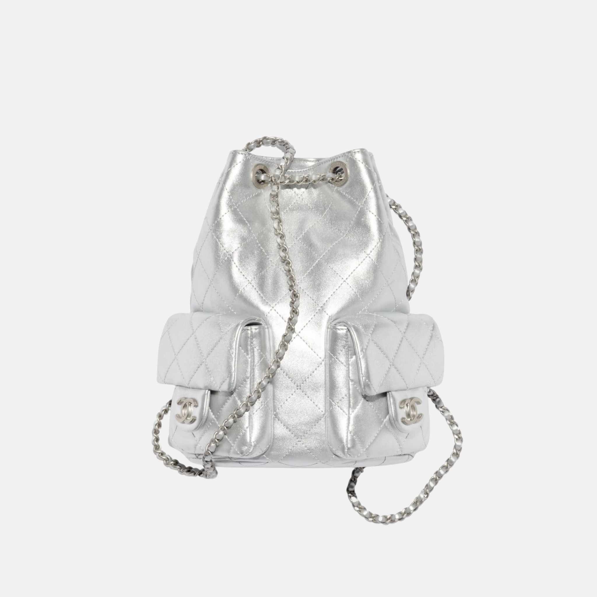 Chanel Backpack Cruise 2024/25 In Metallic Lambskin And Silver Metal, Front