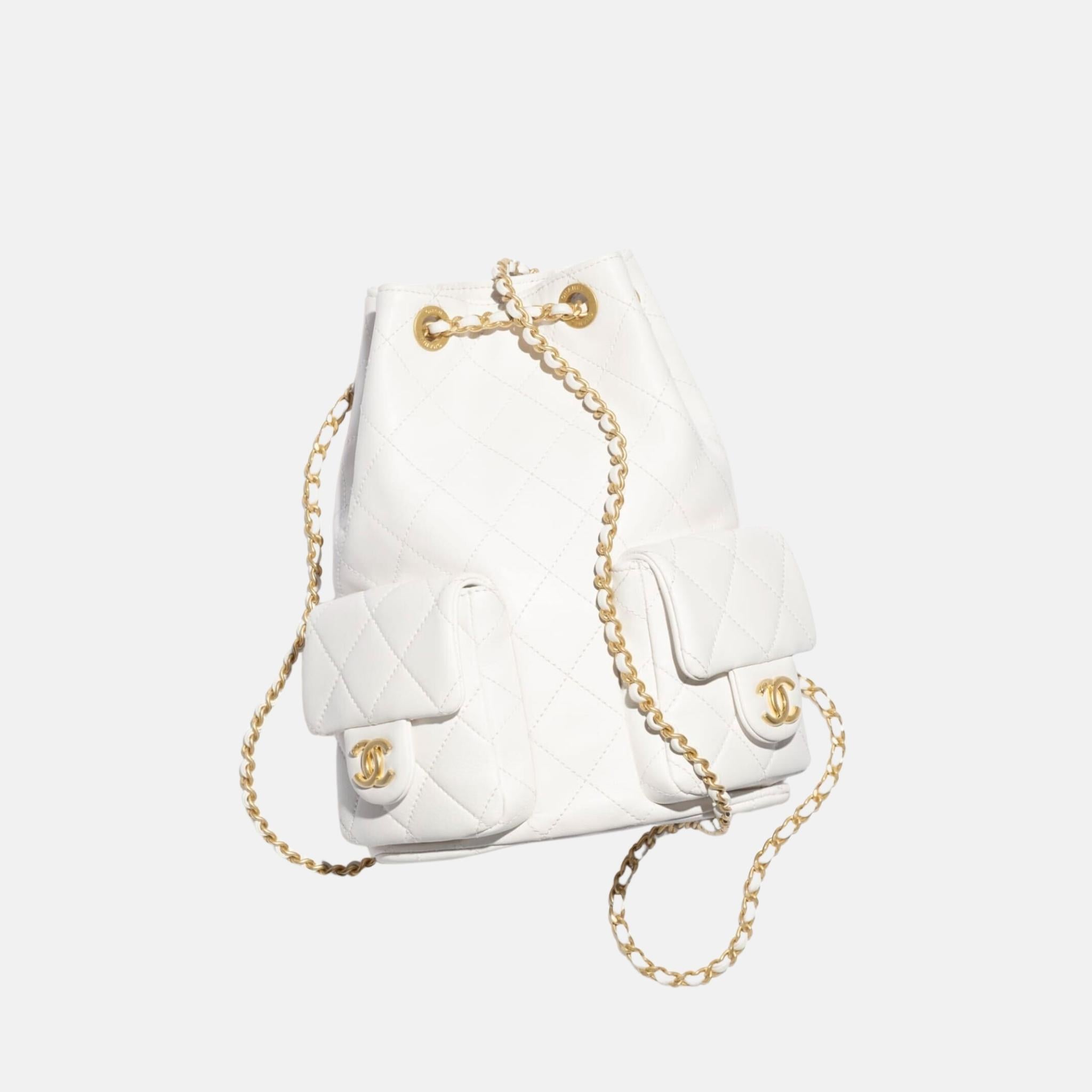 Chanel Backpack Cruise 2024/25 In Shiny Lambskin And Gold Tone Metal, White, Front