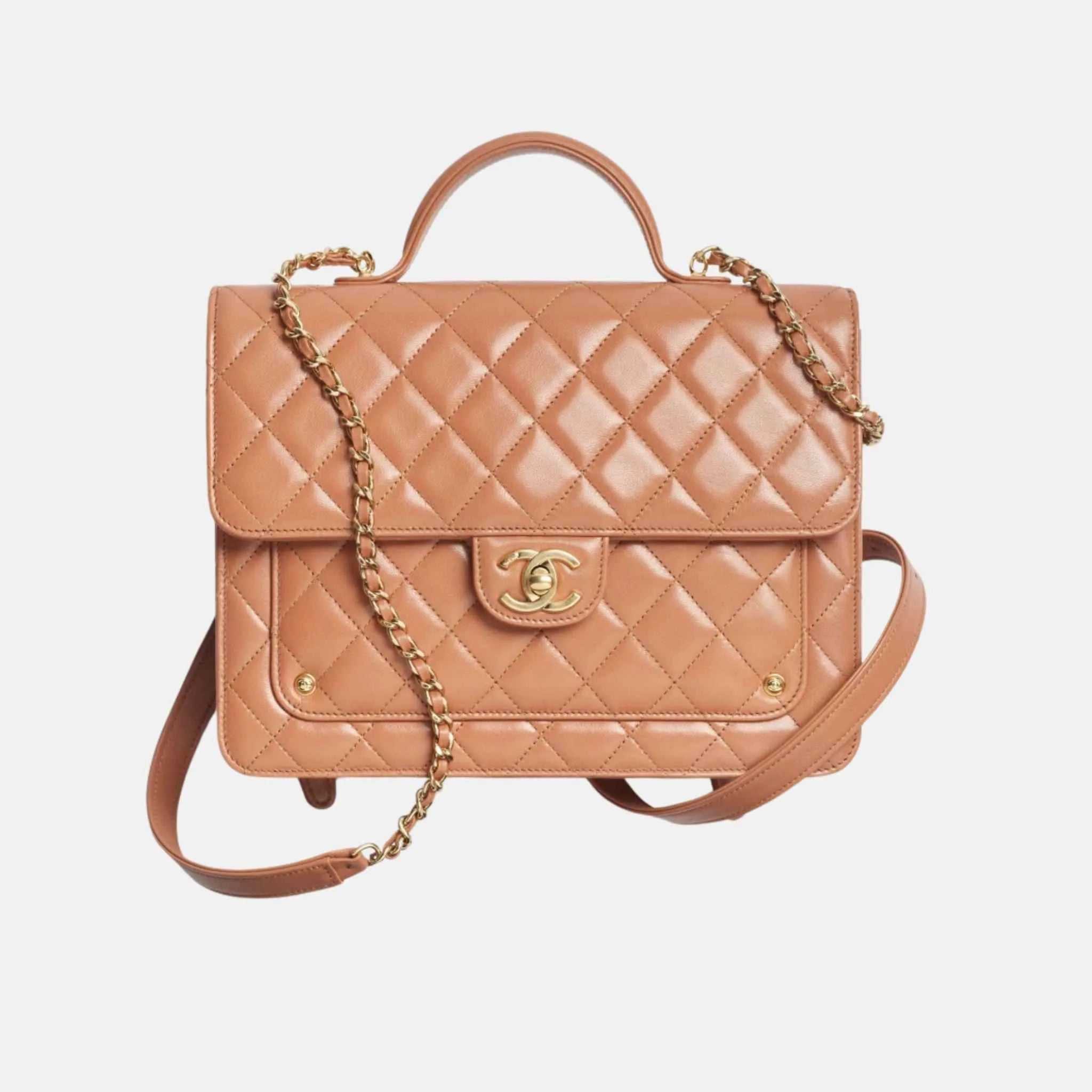 Backpack Top Handle in Shiny Lambskin and Gold Metal