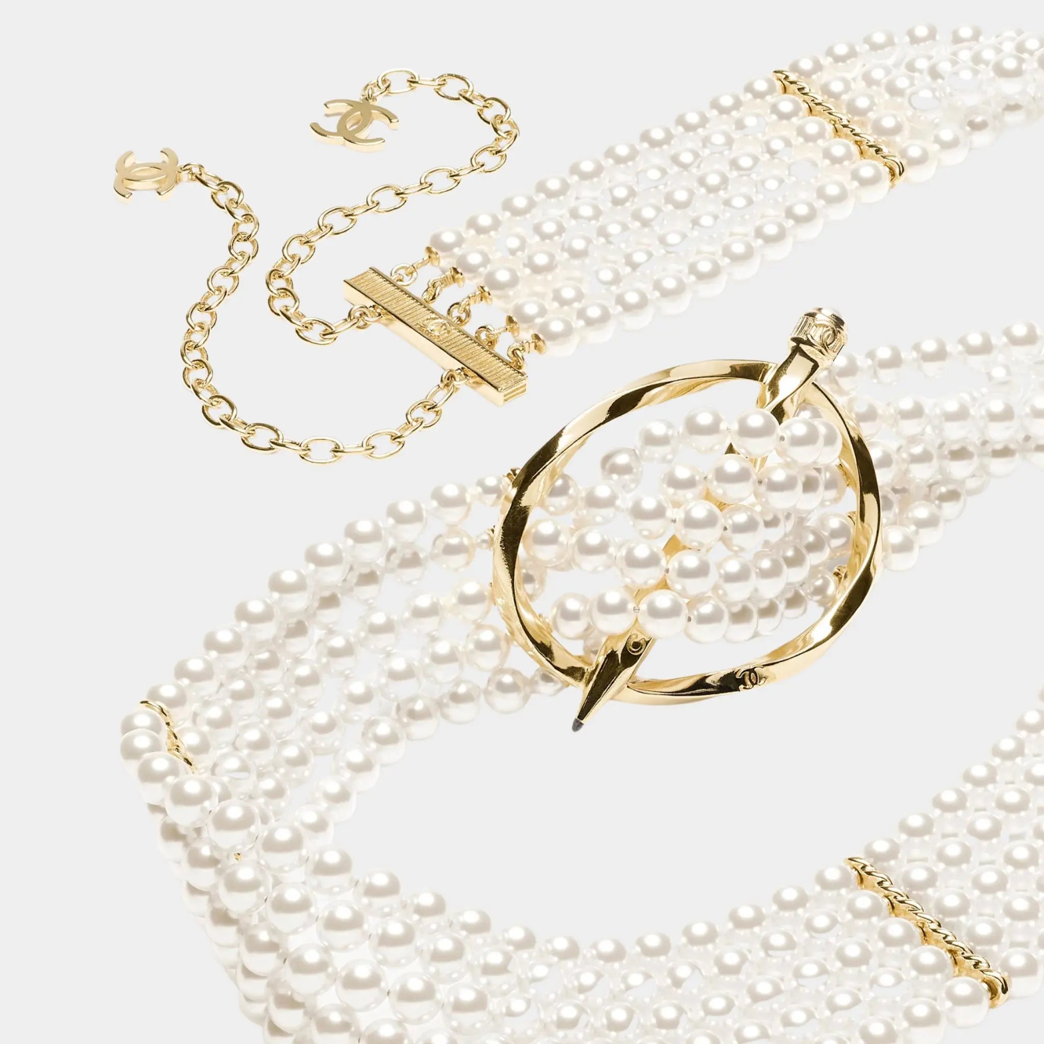 Chain Belt Metal Resin & Rhinestones Gold Pearly White & Crystal