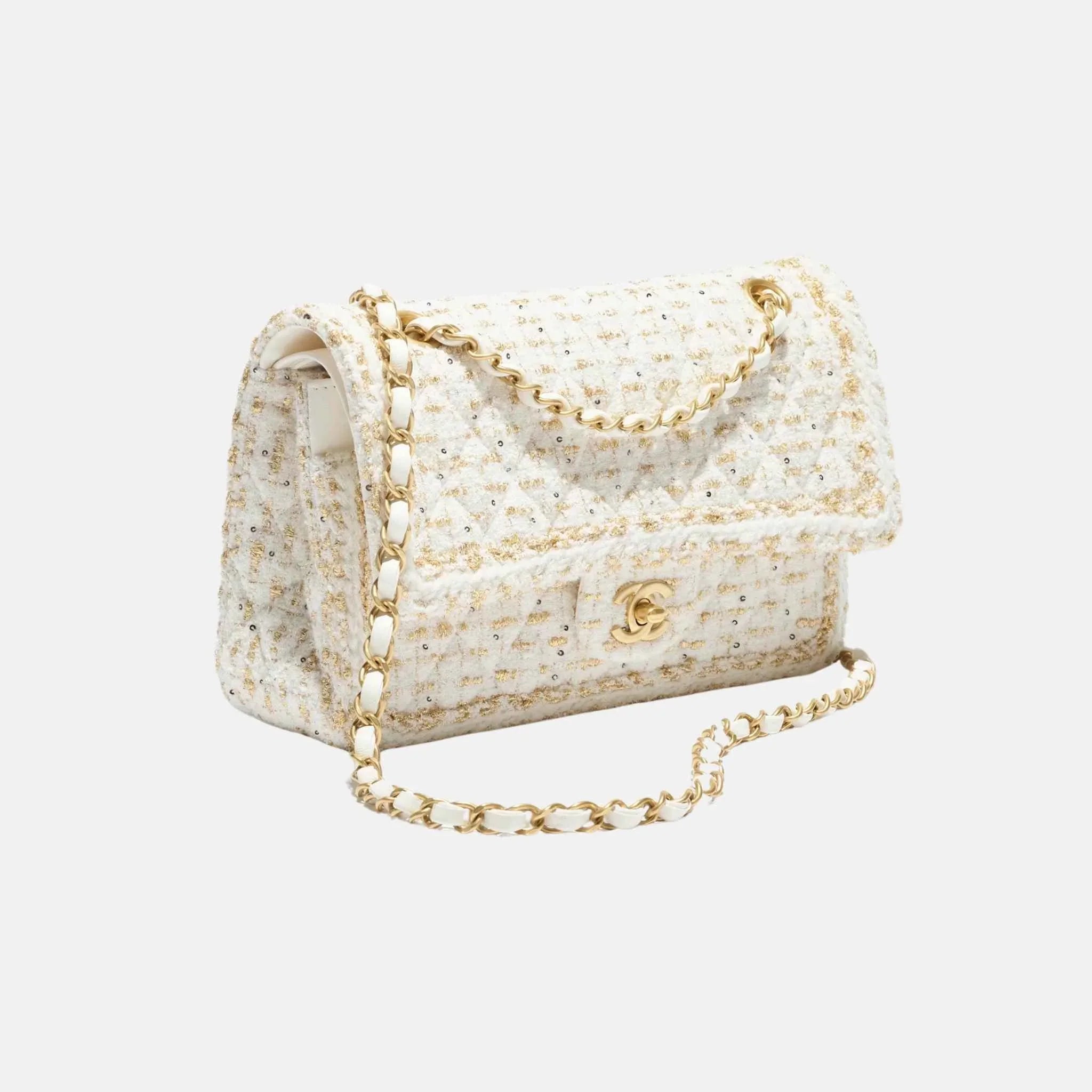 Classic 11.12 Bag Tweed & Gold Metal in Ecru & Gold