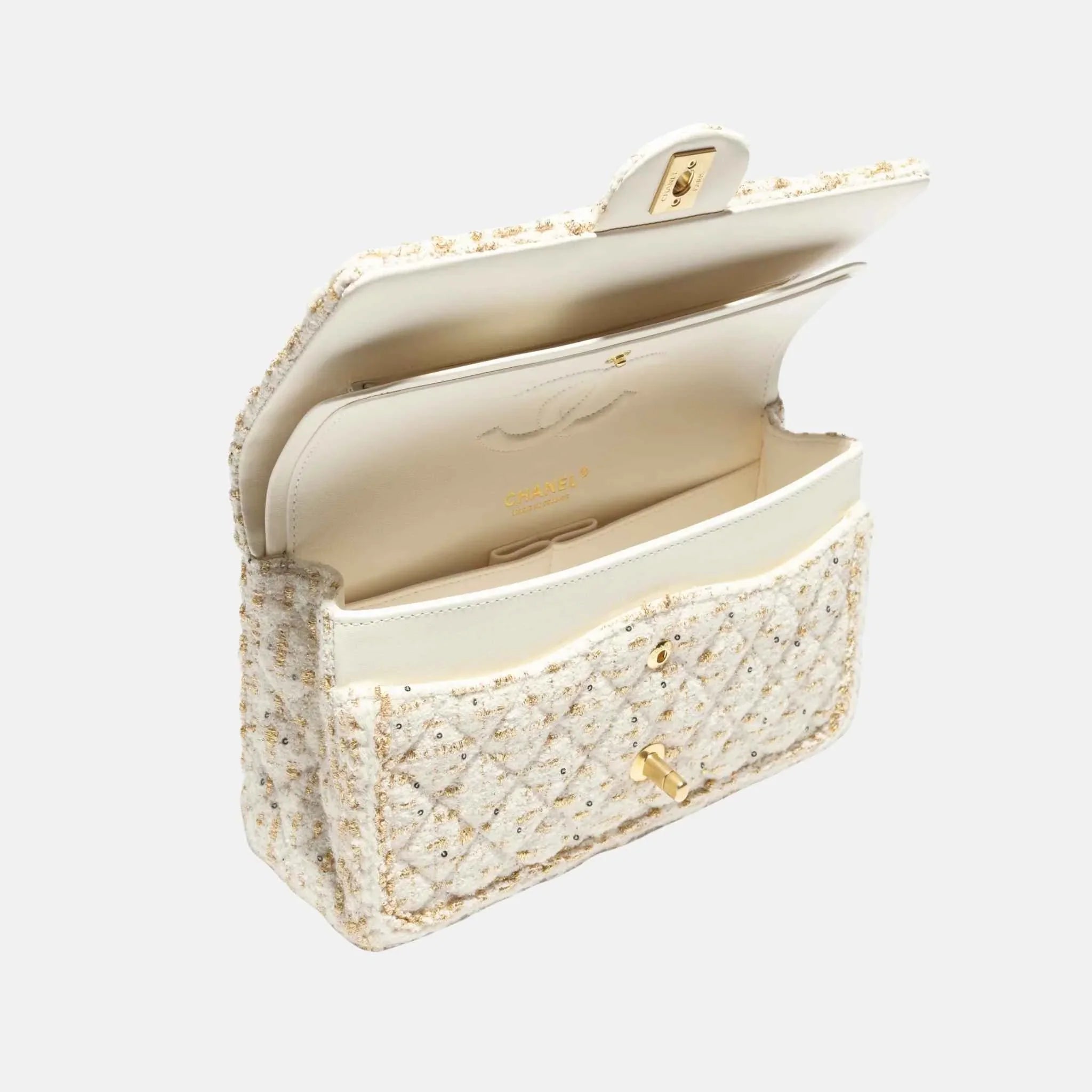 Classic 11.12 Bag Tweed & Gold Metal in Ecru & Gold