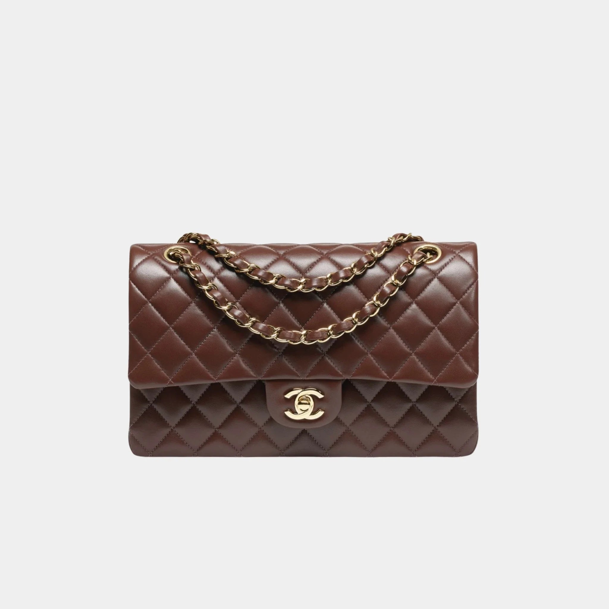 Chanel Classic 11.12 Lambskin Handbag, Dark Brown, Front 