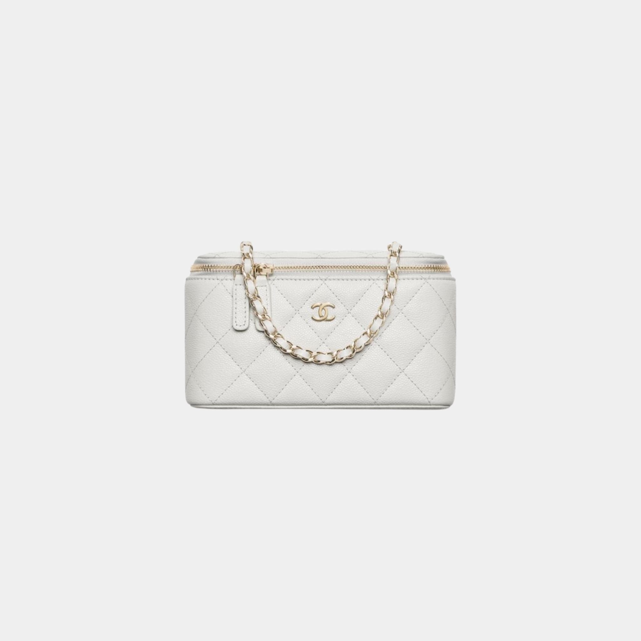Chanel Classic Long Vanity with Chain in Grained Shiny Calfskin, Light Grey