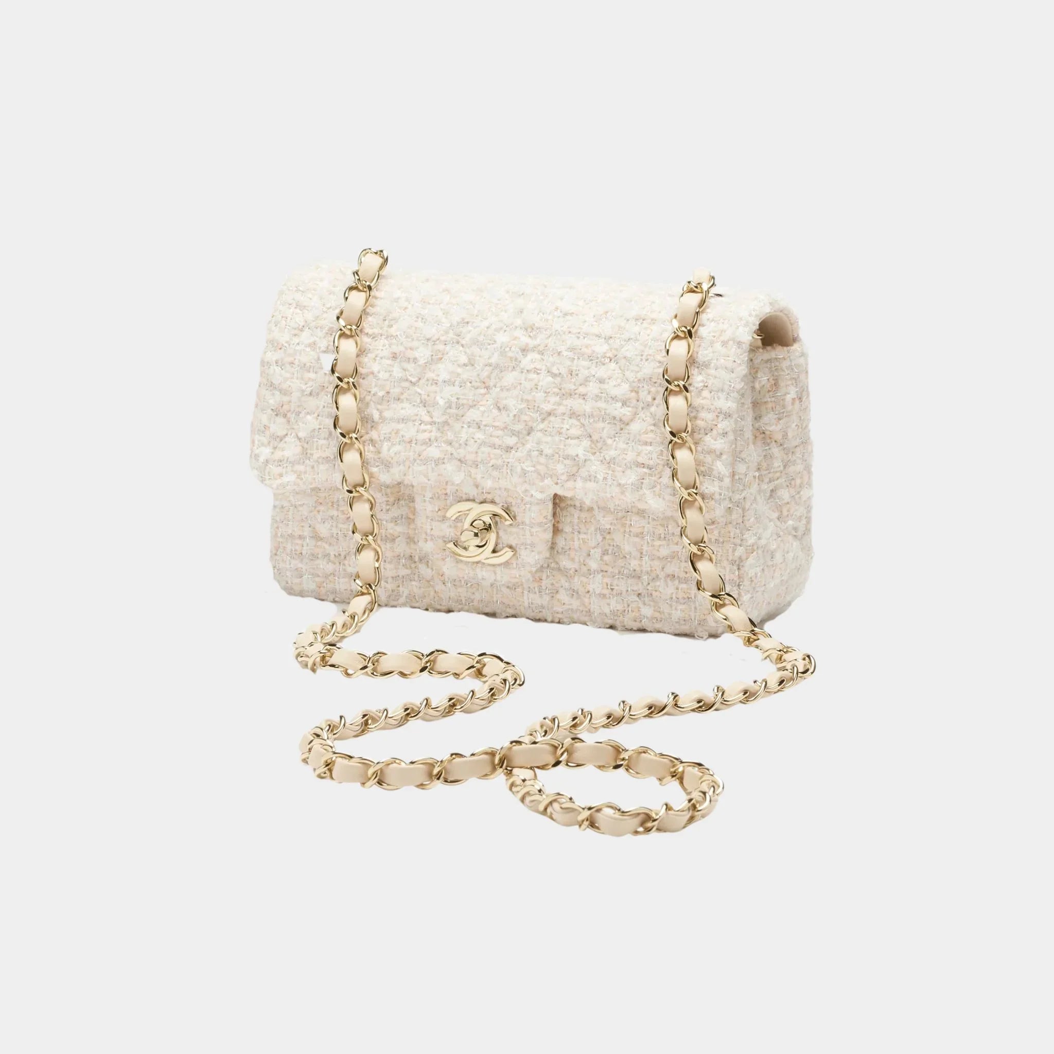 Classic Mini Bag Tweed & Gold metal Beige & White