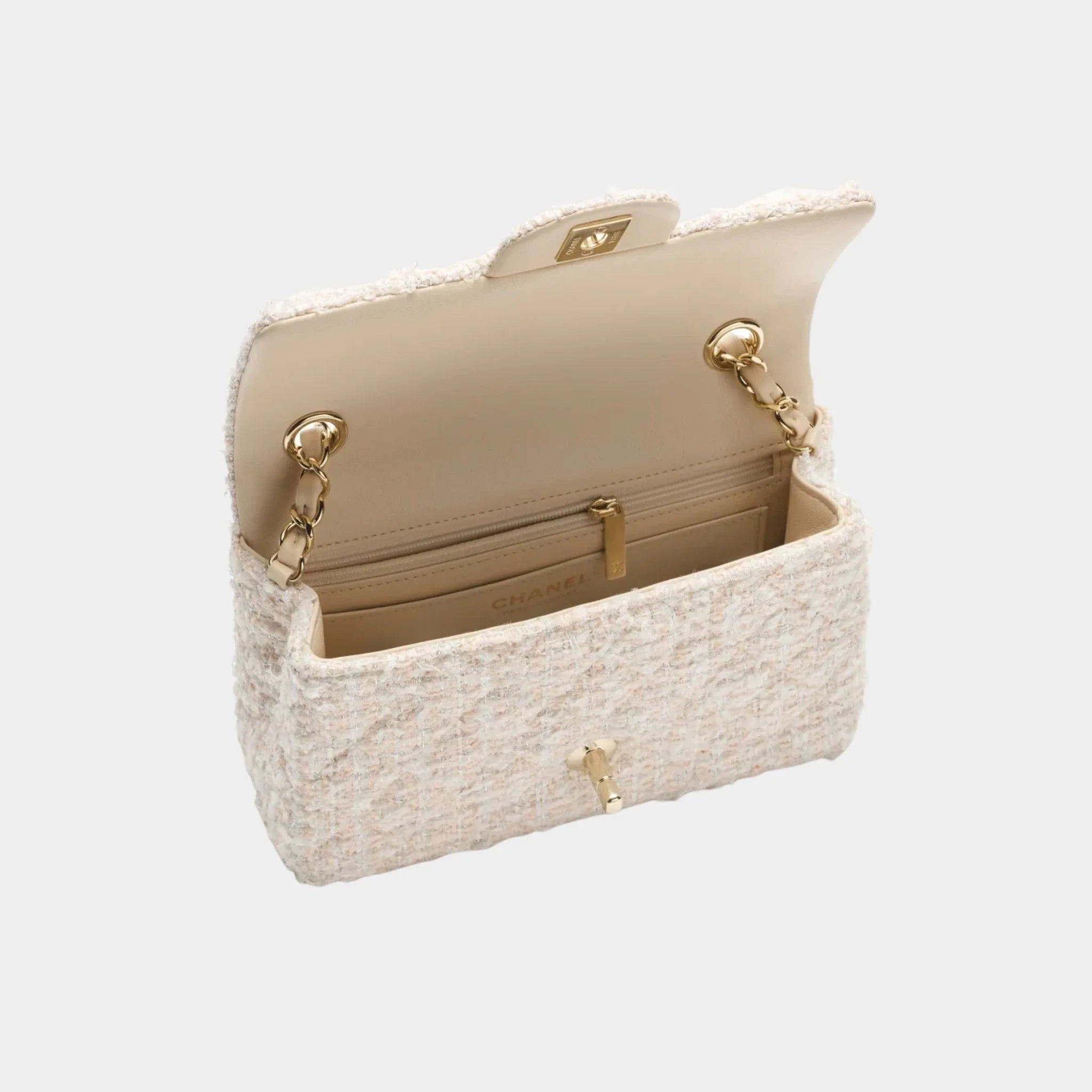 Classic Mini Bag Tweed & Gold metal Beige & White