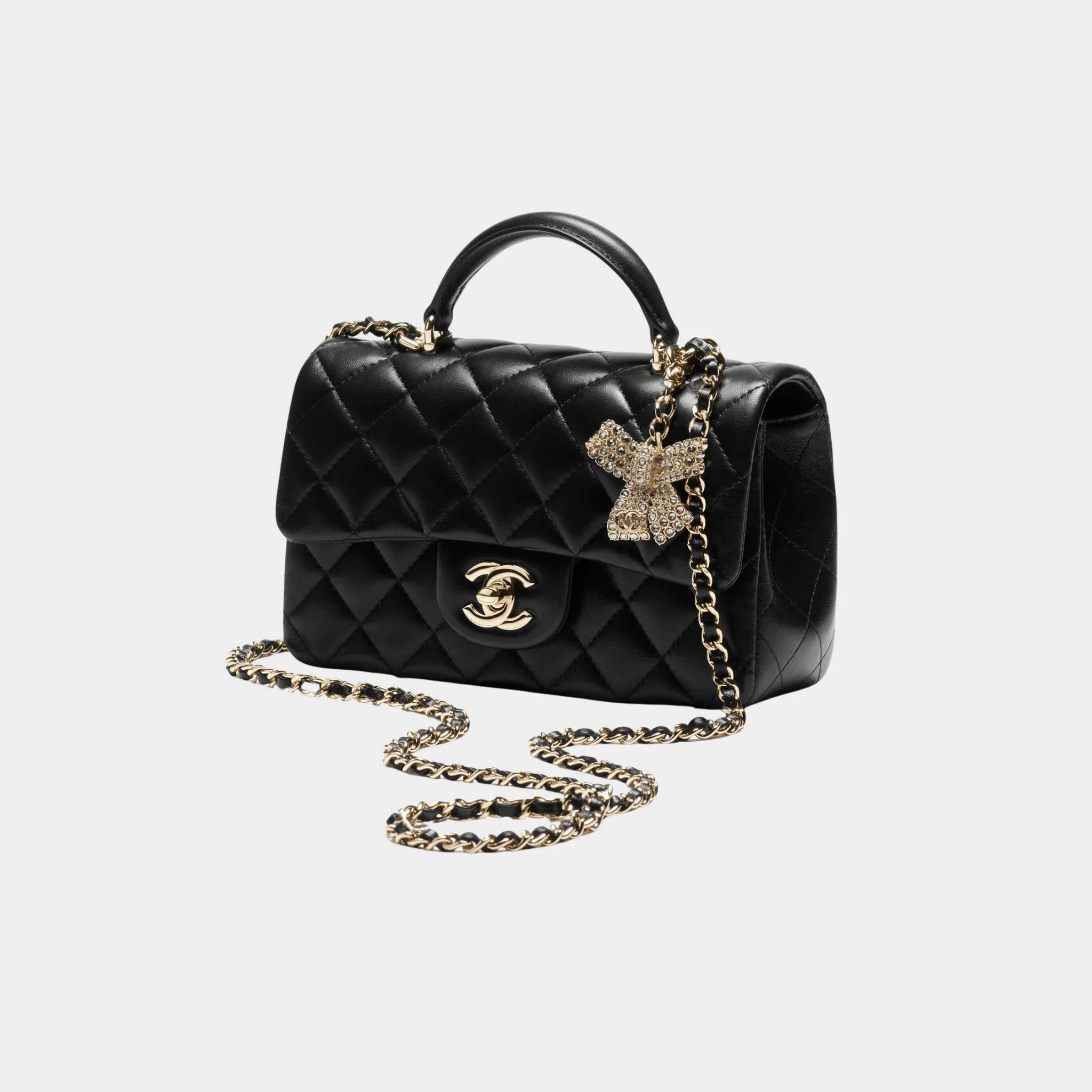 Classic Mini Bag With Handle Lambskin Rhinestones & Gold Metal Black