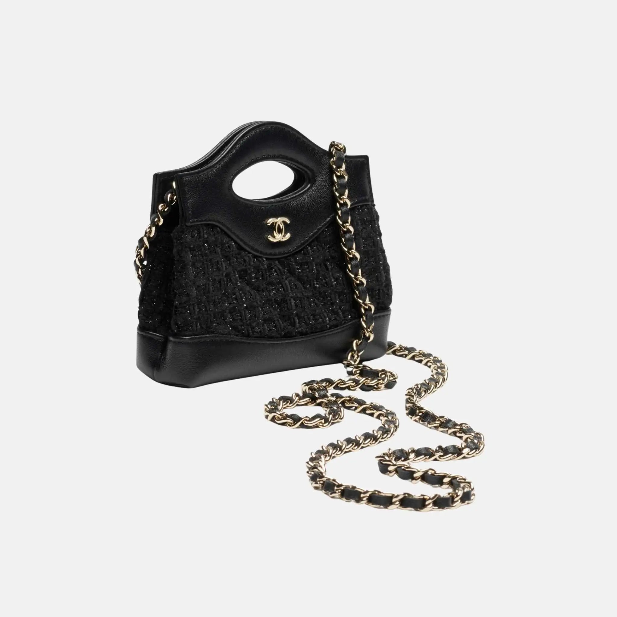 Chanel Clutch With Chain Cotton Tweed Shiny Lambskin Gold Tone Metal, Front