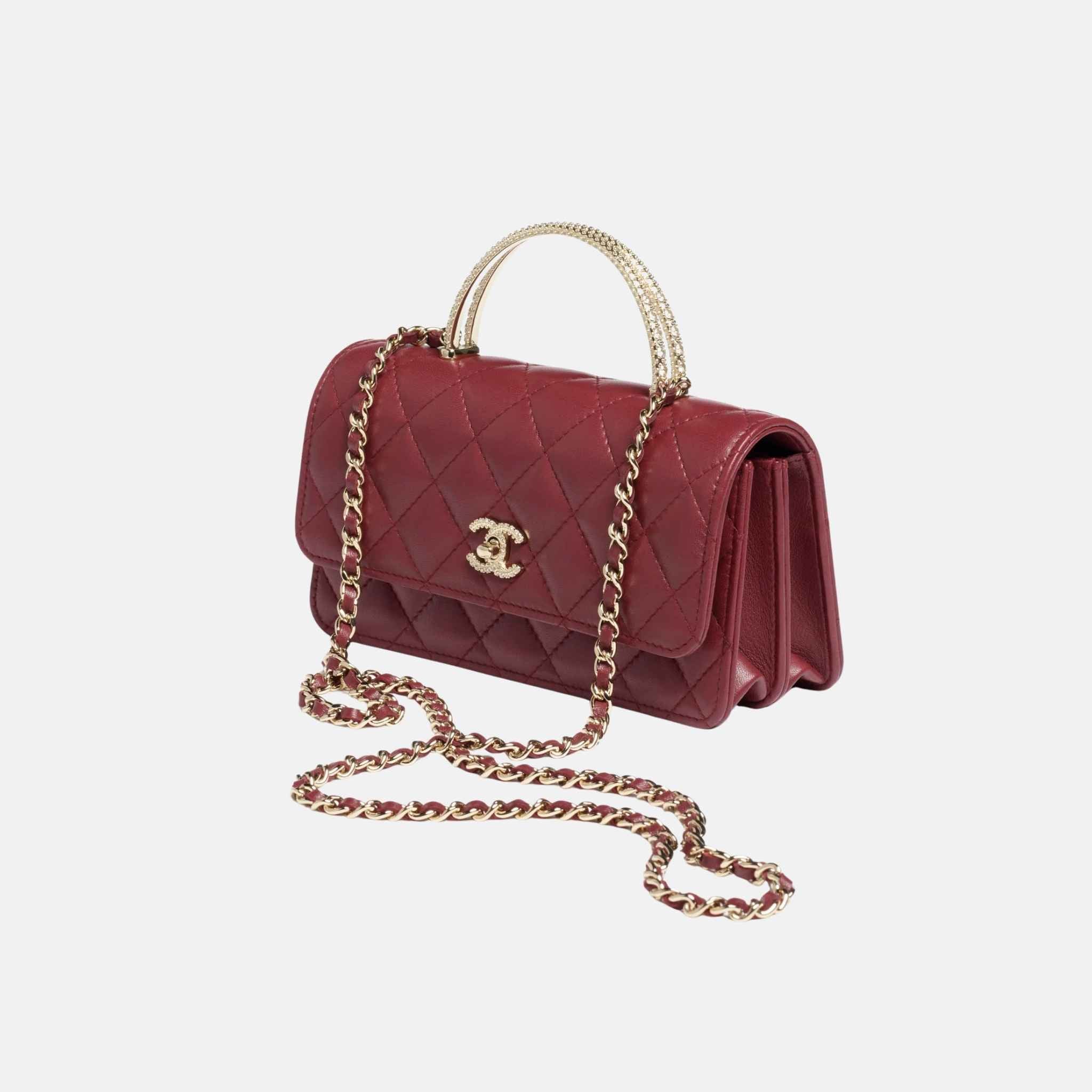 Clutch with Chain in Lambskin and Rhinestones