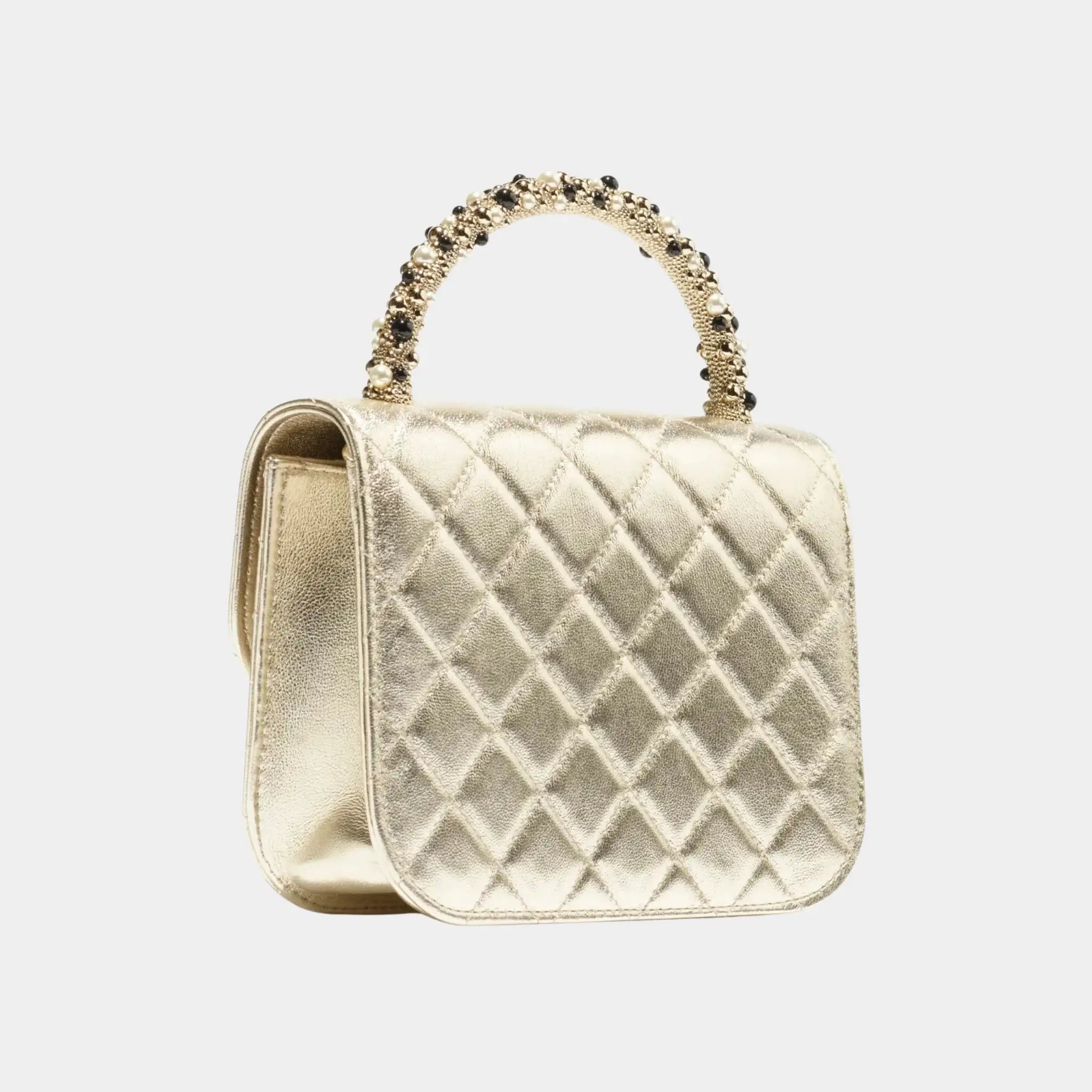 Clutch With Chain Metallic Lambskin & Imitation Pearls