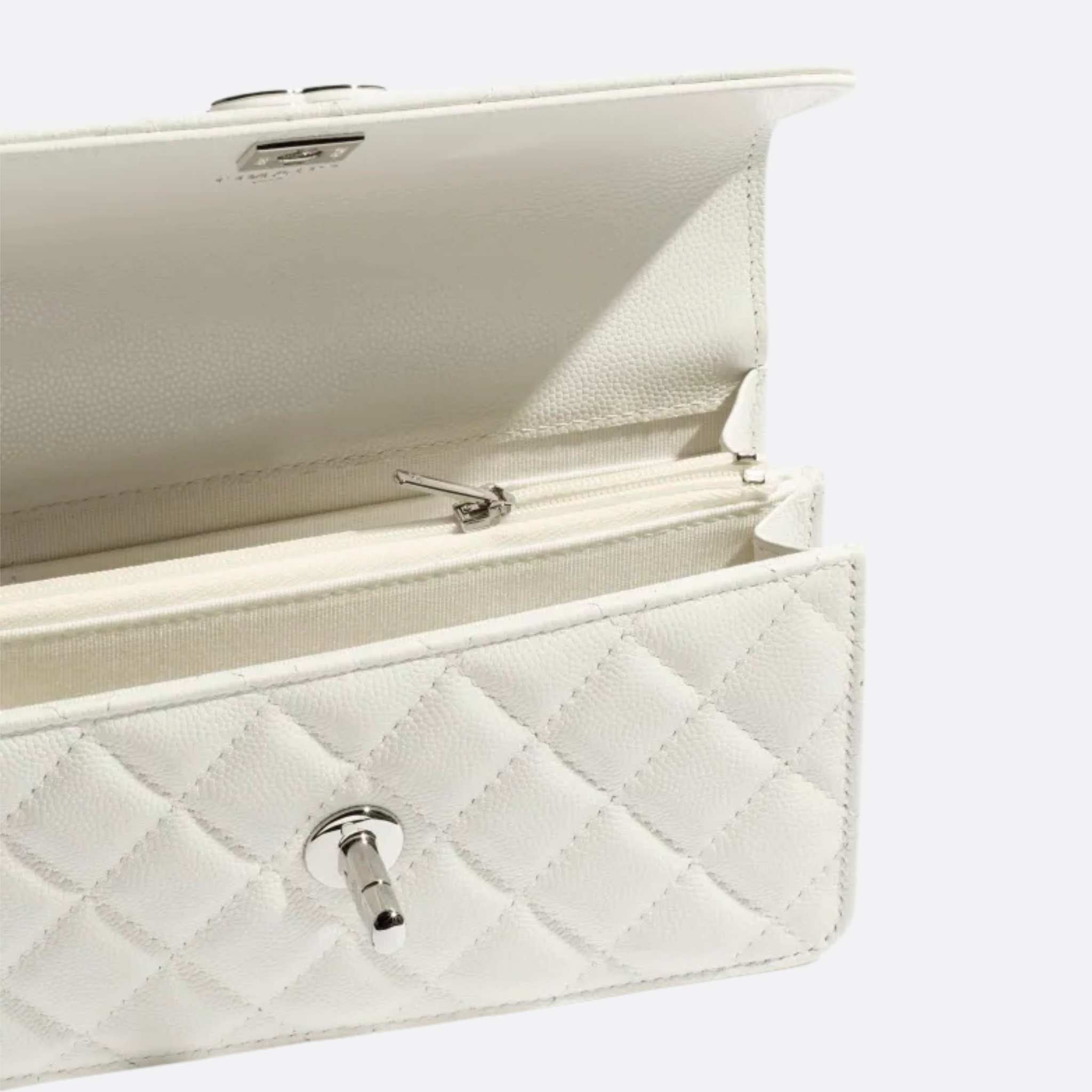 Clutch with Chain Shiny grained Calfskin Resin Silver-Tone Metal