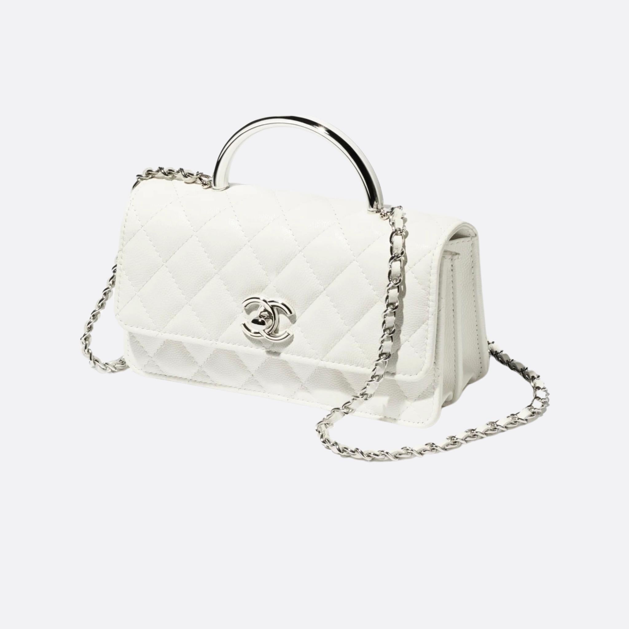 Clutch with Chain Shiny grained Calfskin Resin Silver-Tone Metal