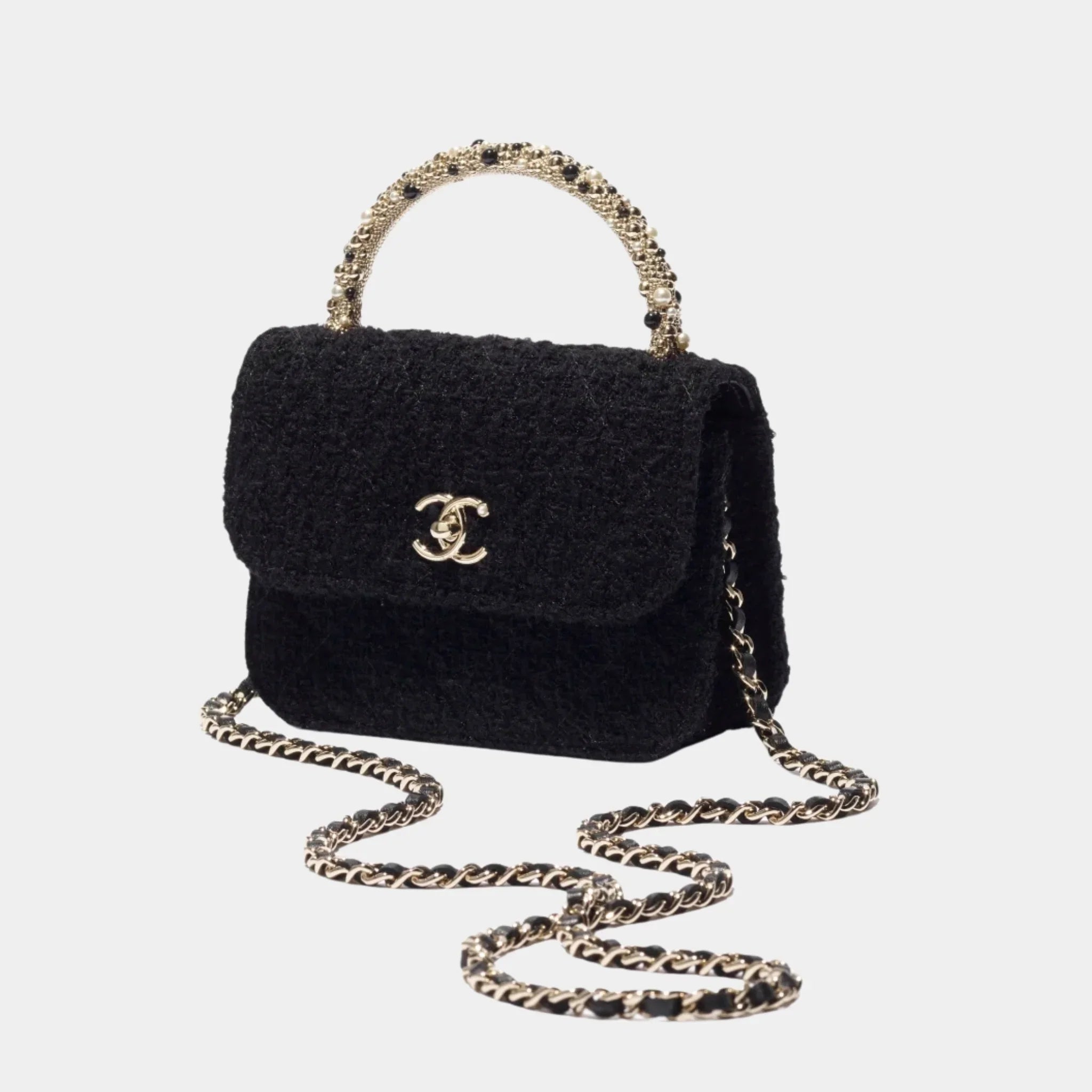 Clutch with Chain Tweed, Pearls & Gold-Tone Metal