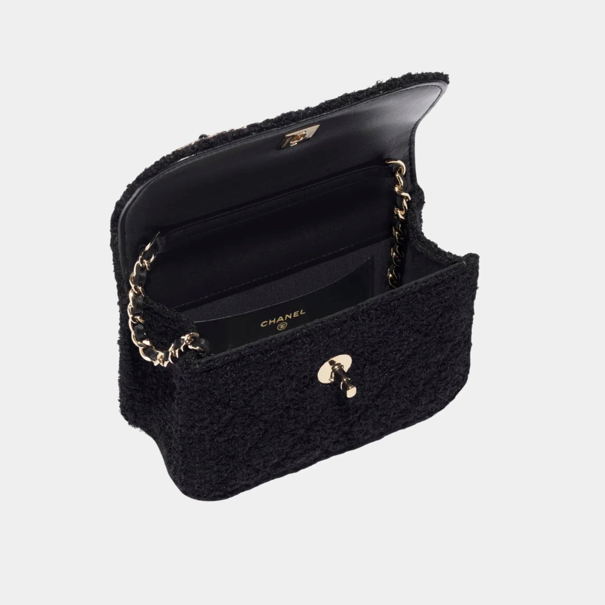 Clutch with Chain Tweed, Pearls & Gold-Tone Metal