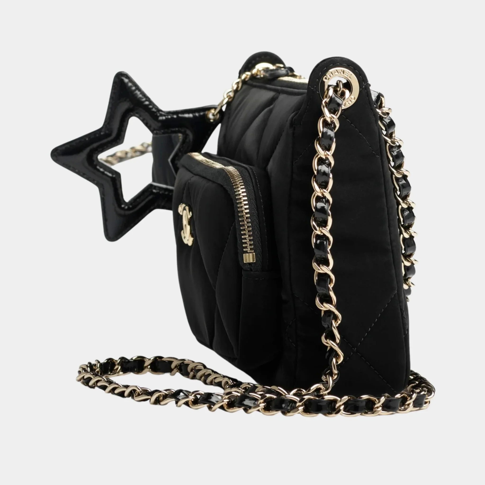 Clutch with chain Velvet-effect nylon Shiny crinkled calfskin