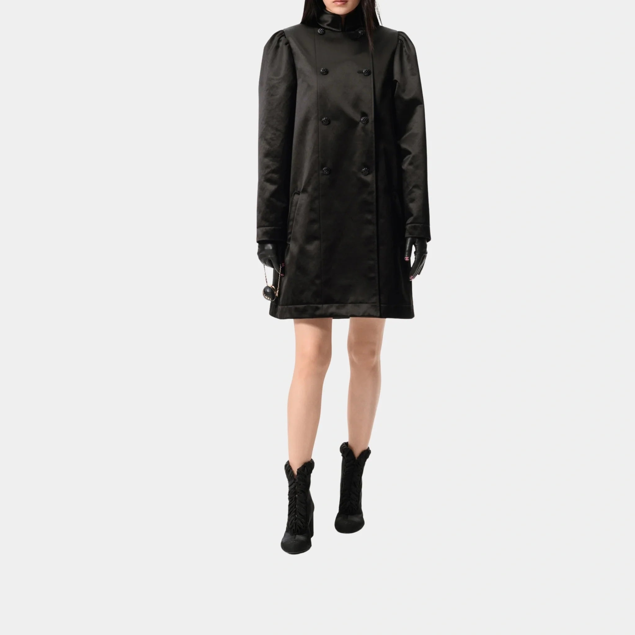Chanel Coat in Black Cotton & Silk Satin, Black, Front