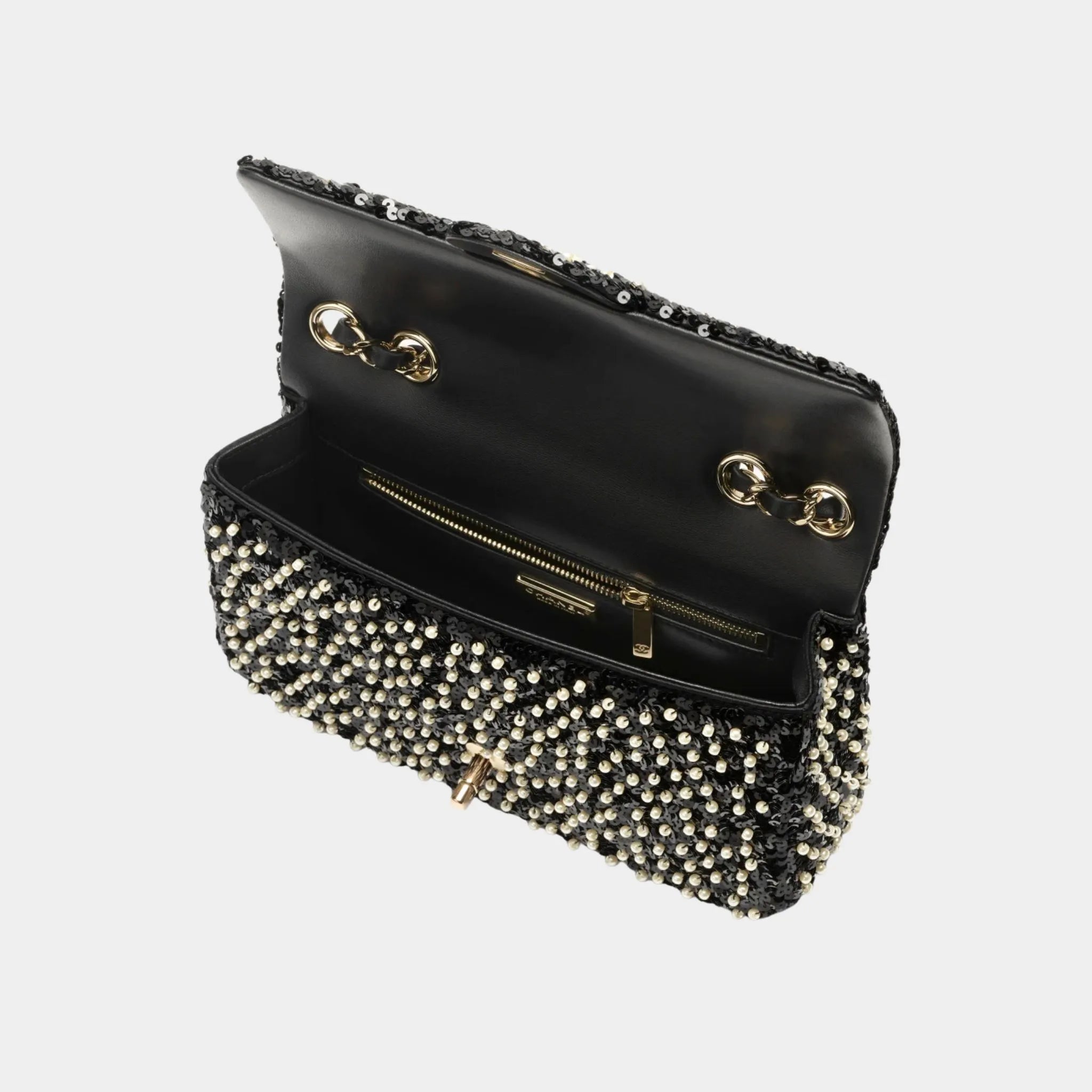 Evening Bag Sequins Imitation Pearls & Gold Metal Black & White