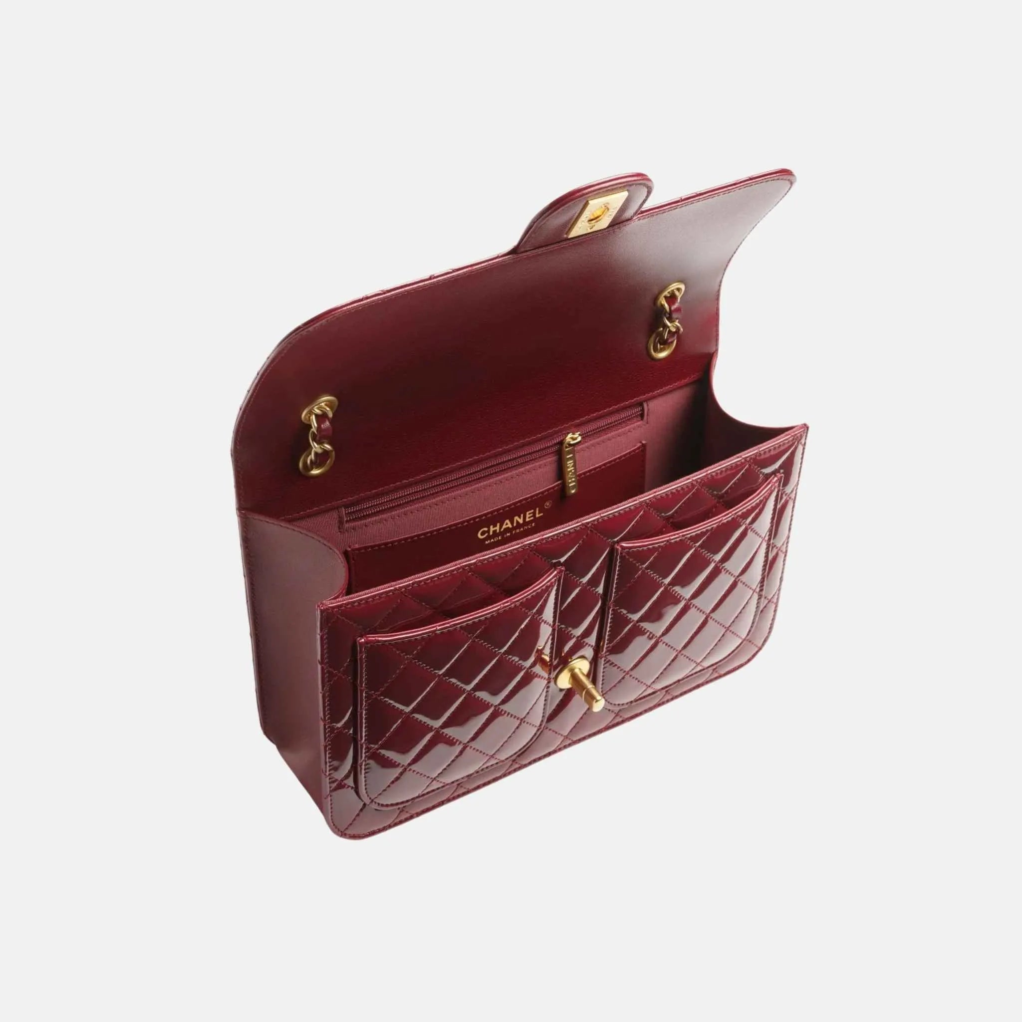 Flap Bag in Bordeaux Patent Calfskin and Gold Metal