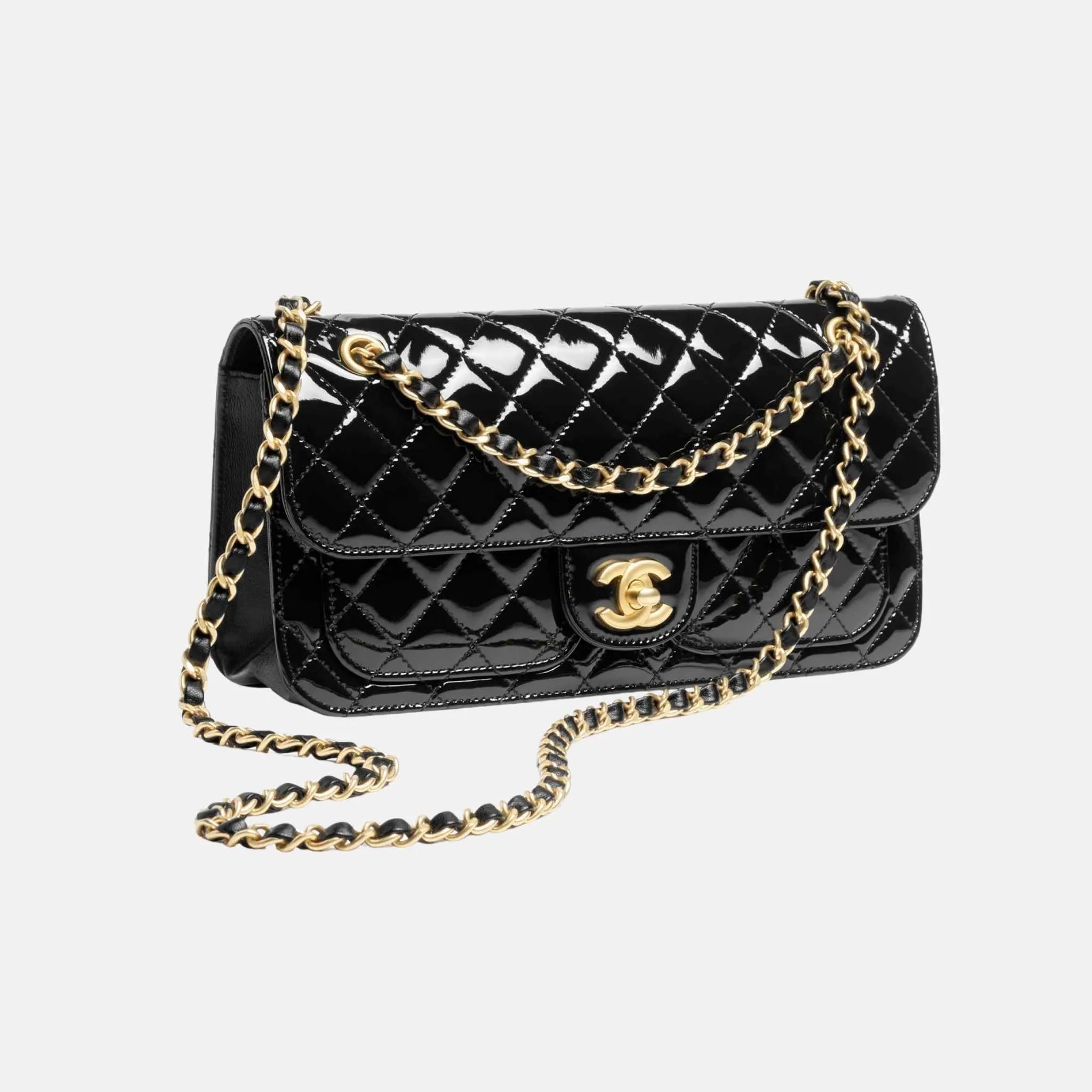 Flap Bag in Patent Calfskin and Gold Metal