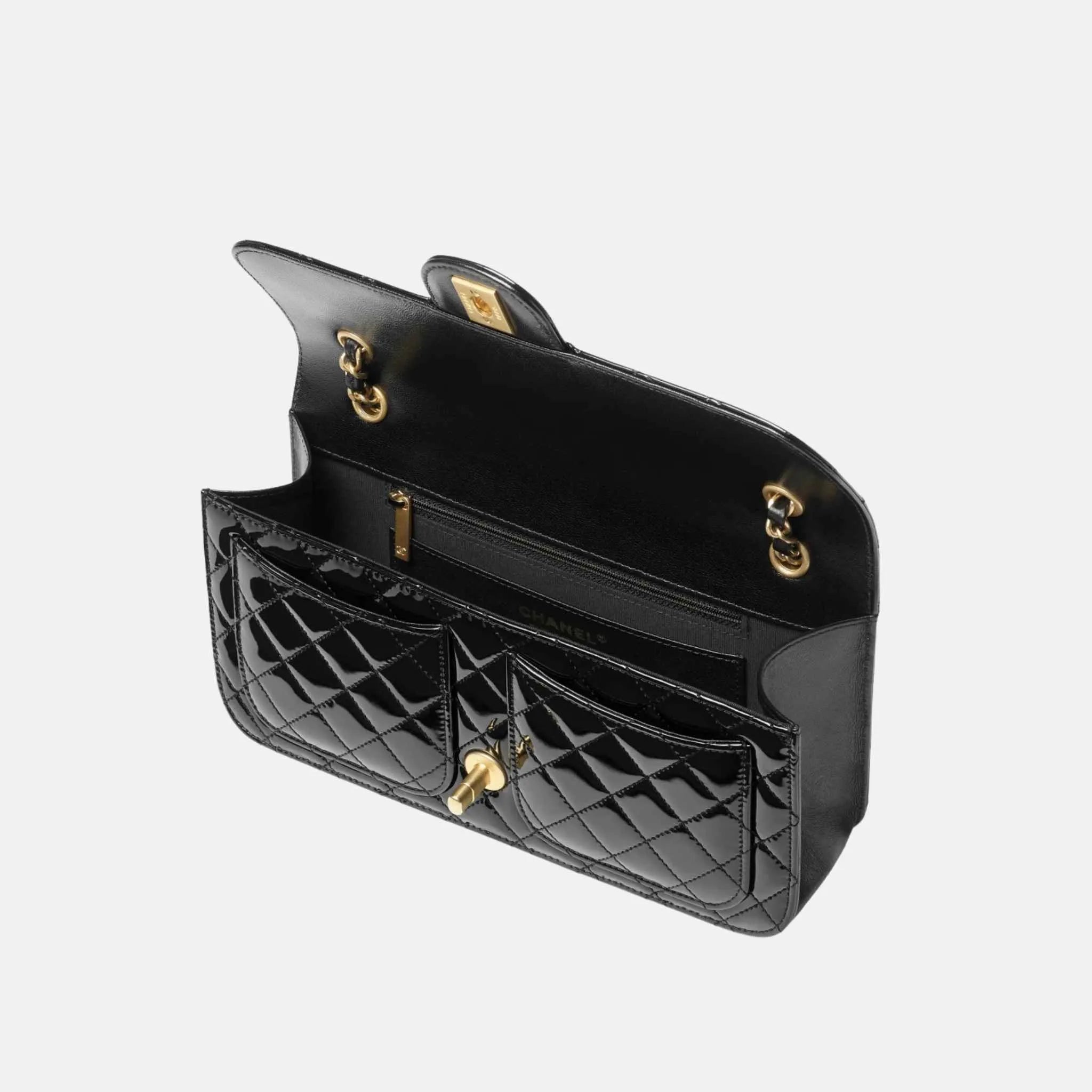 Flap Bag in Patent Calfskin and Gold Metal