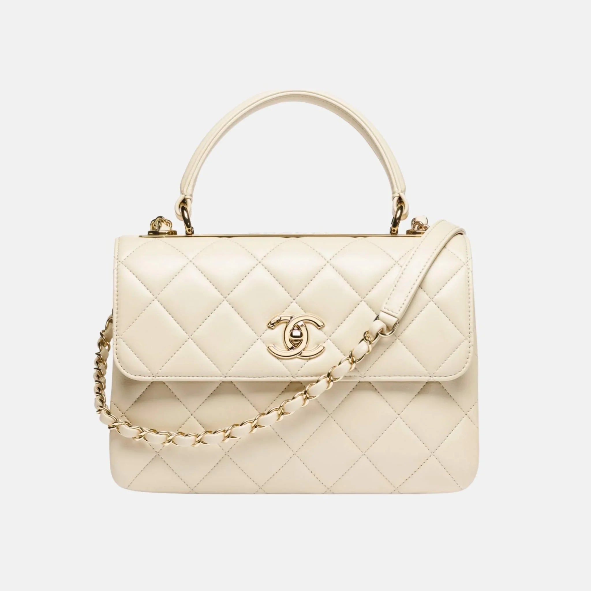 Chanel Flap Bag with Top Handle in Lambskin, Light Beige